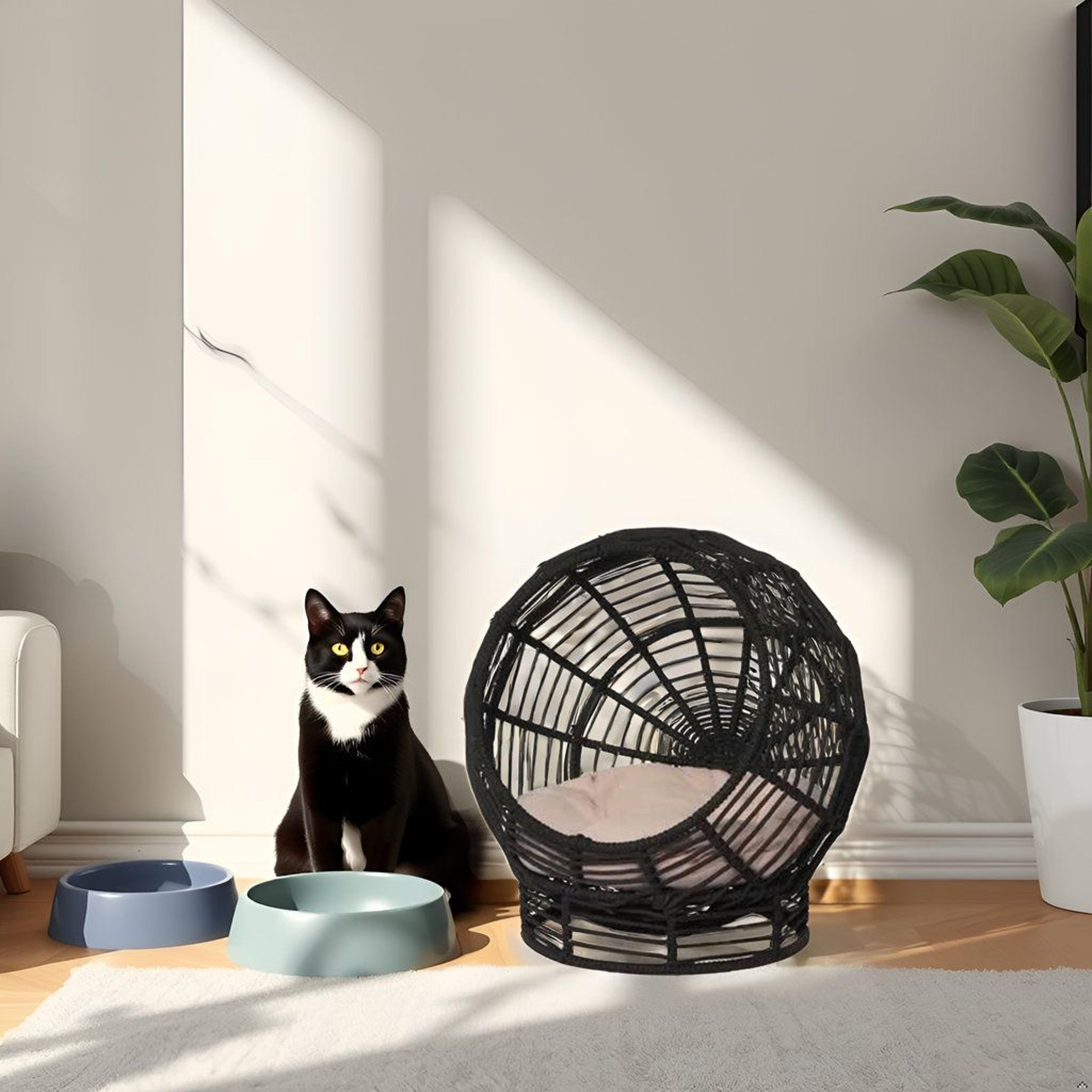 Elevated Cat Hut Woven Indoor Cooling Cat Bed With Plush Cushion 6