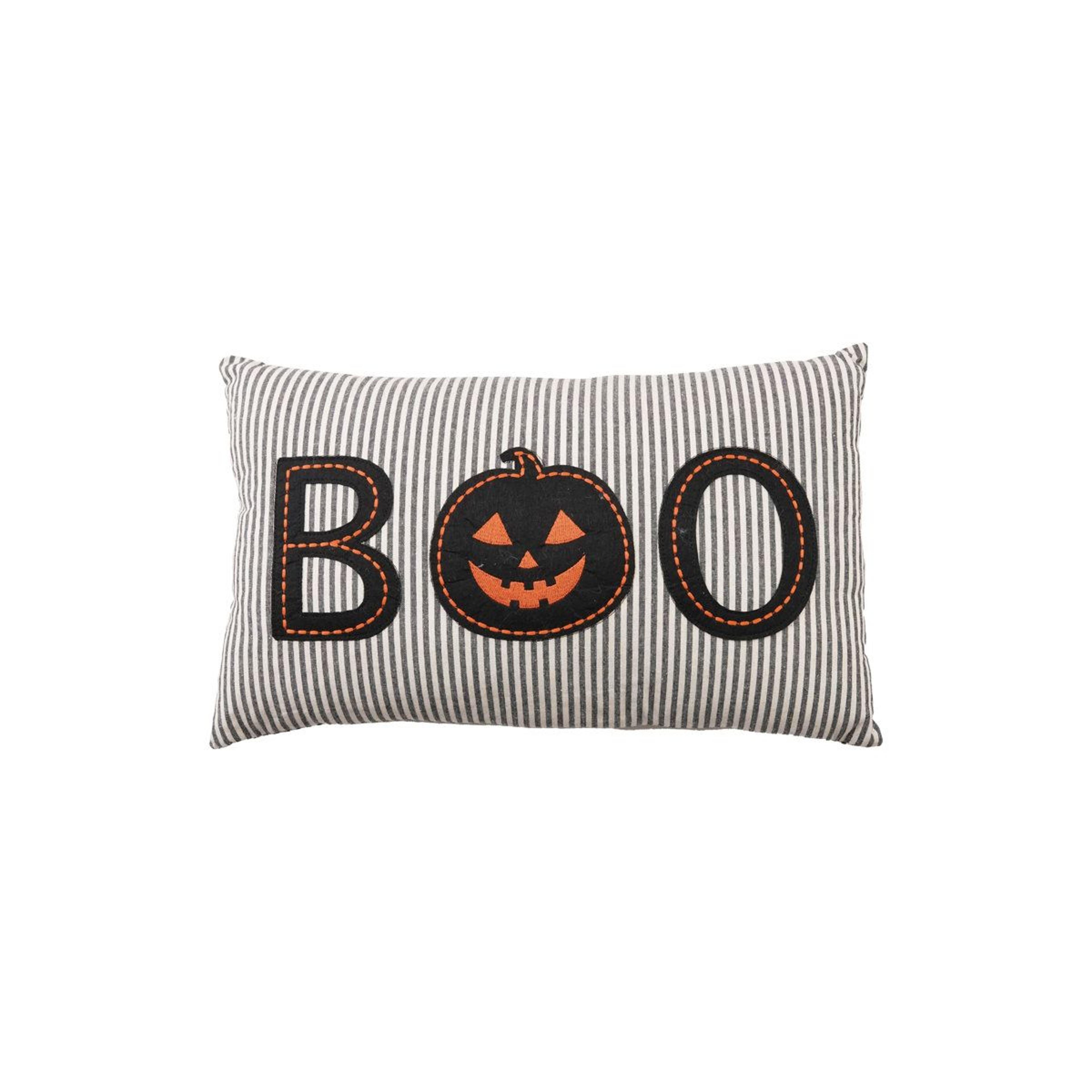 modern cotton striped lumbar pillow with pumpkin applique | fall decorative accent