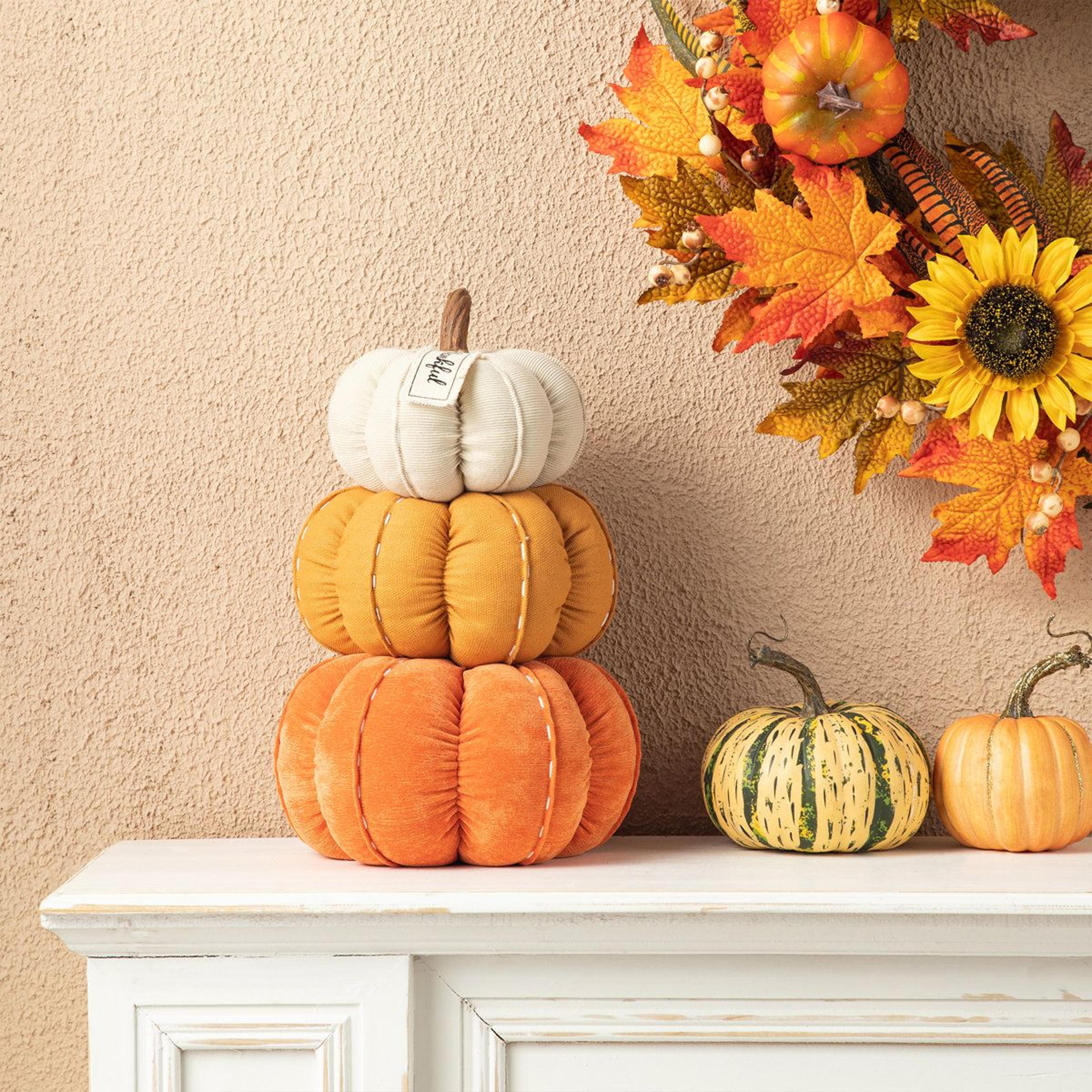 Handmade Stacked Fabric Pumpkin Decor For Fall Harvest Table Centerpiece 2