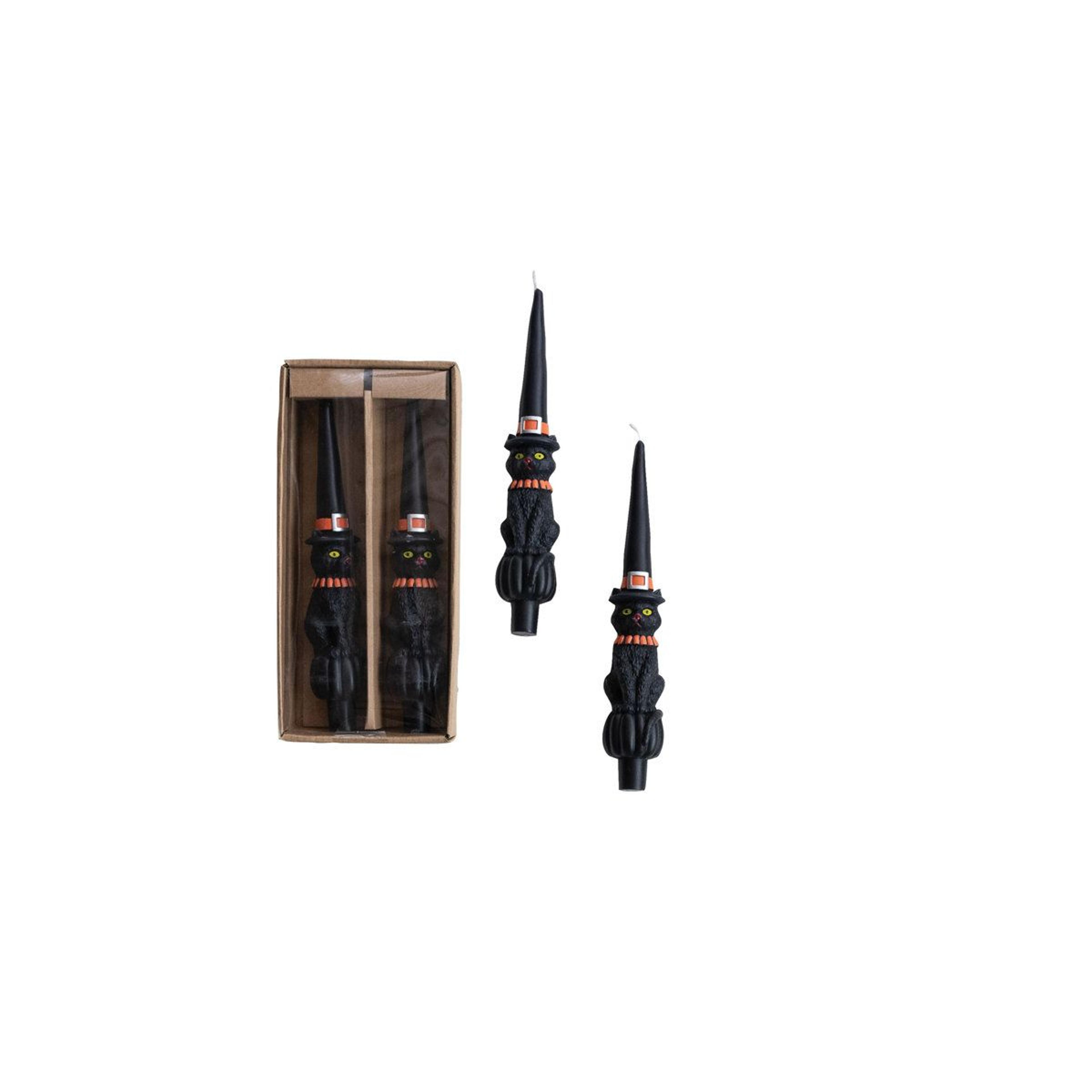 halloween black cat taper candles with witch hats - set of 2