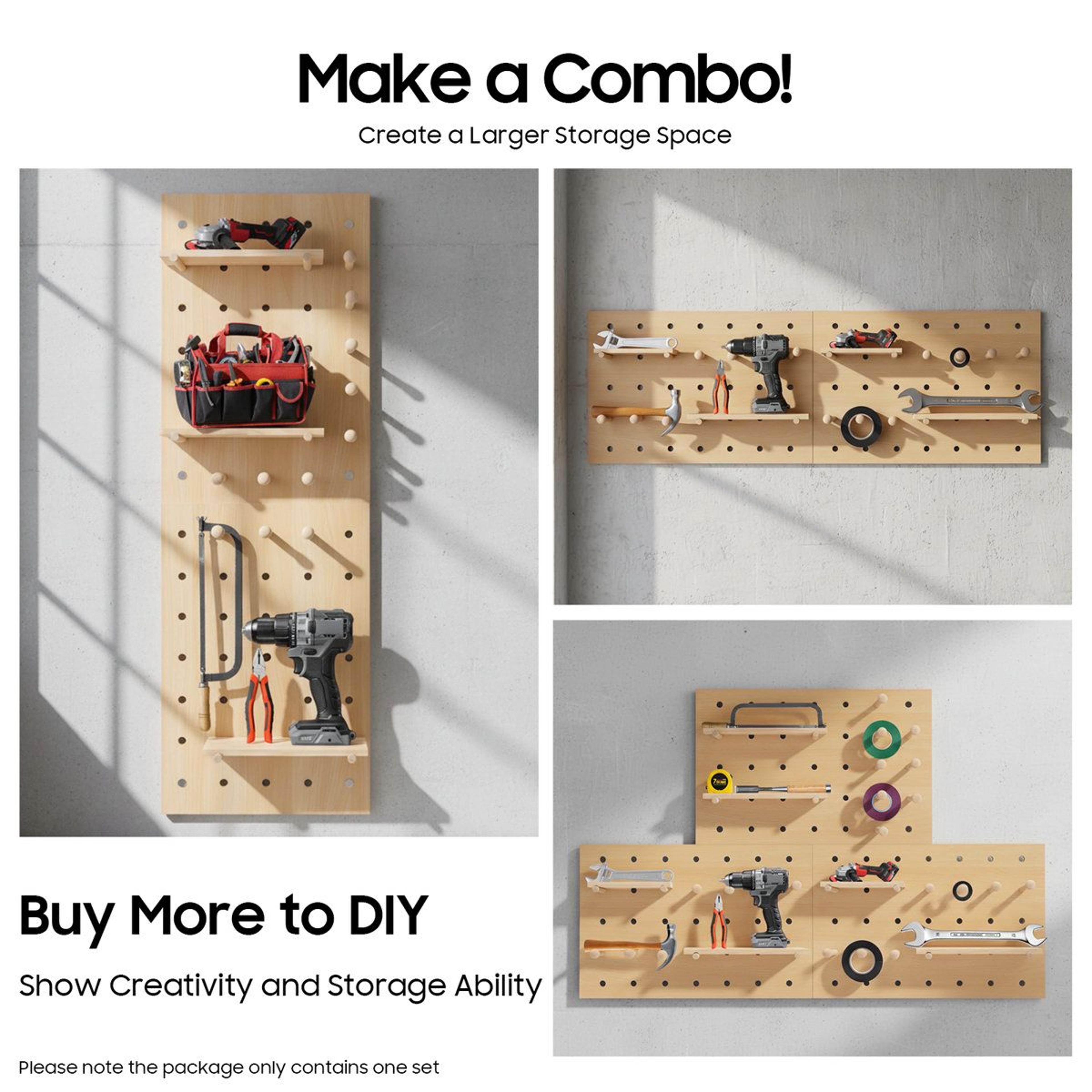 Modular Wooden Pegboard Wall Organizer And Customizable Display Shelf 4