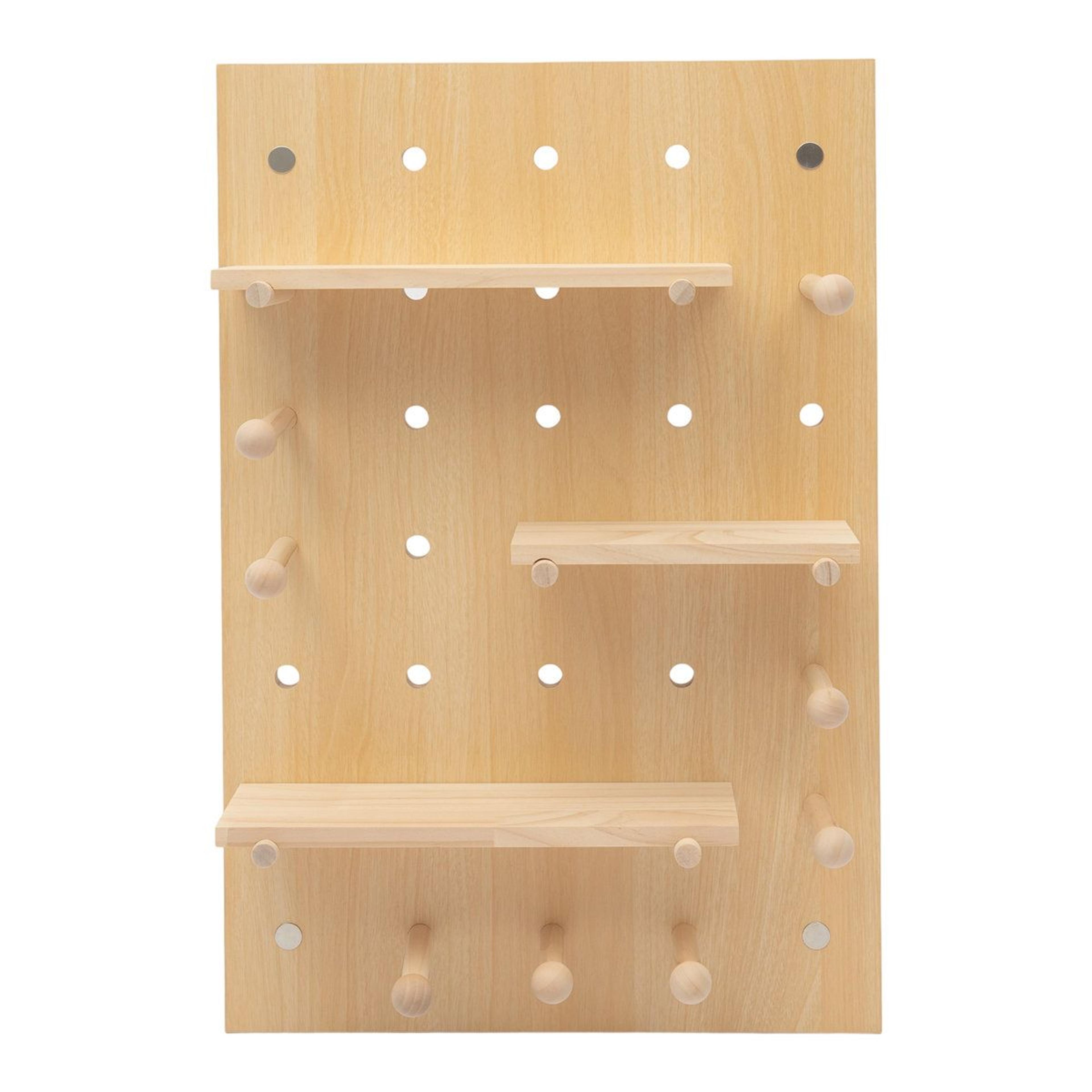 Modular Wooden Pegboard Wall Organizer And Customizable Display Shelf 12