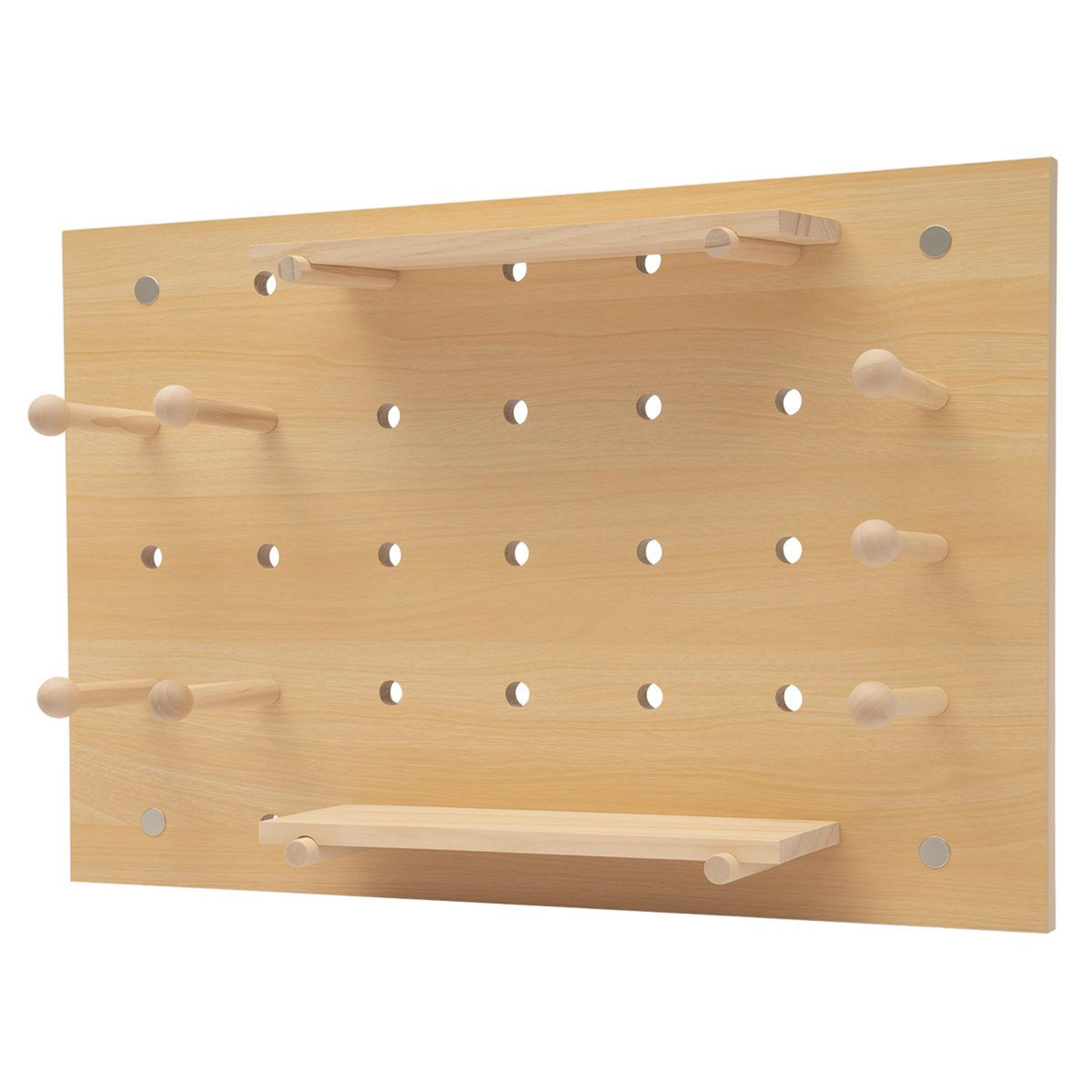Modular Wooden Pegboard Wall Organizer And Customizable Display Shelf 14