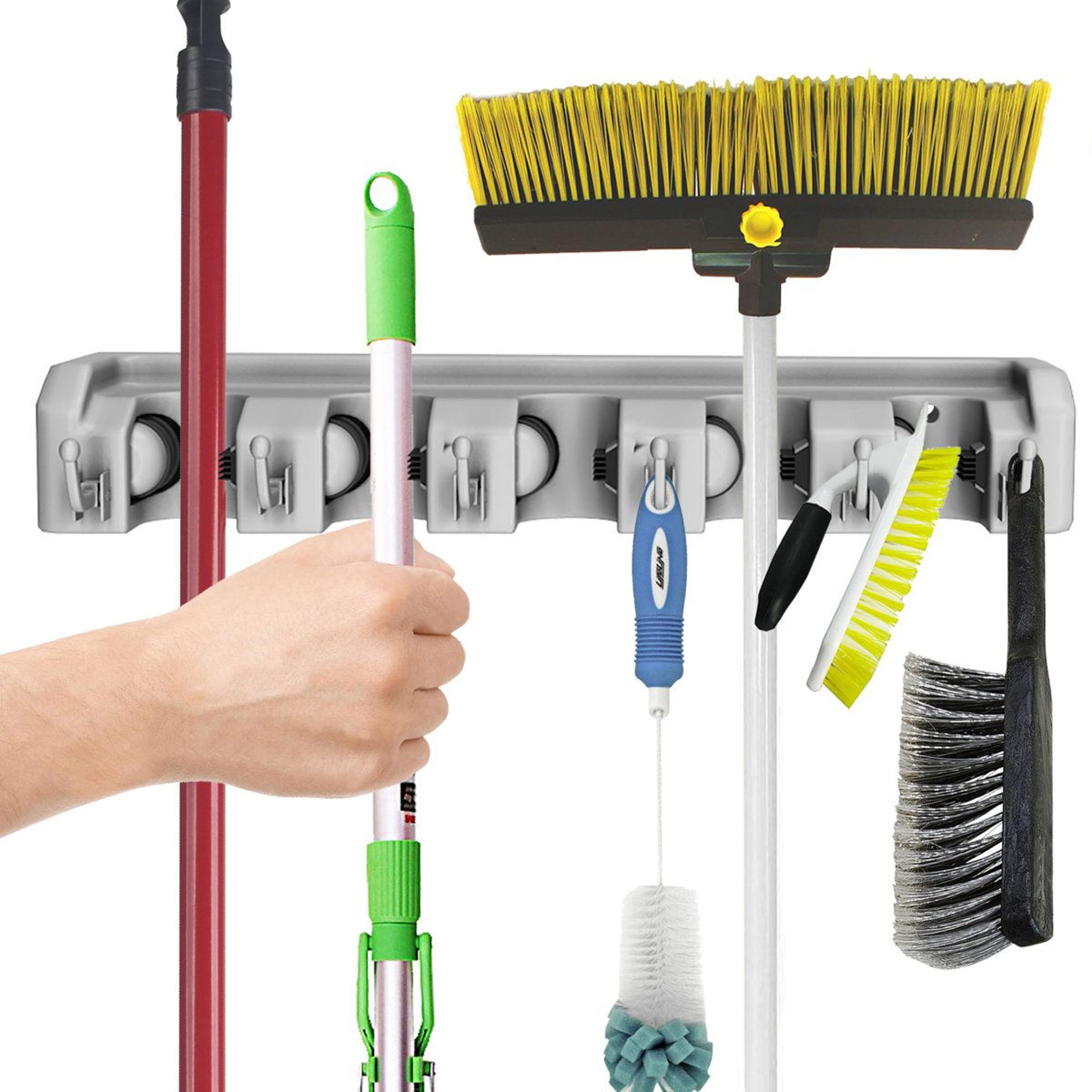 Adjustable Wall Organizer With 5 Slots And 6 Hooks For Garage Storage And Broom Holder 4