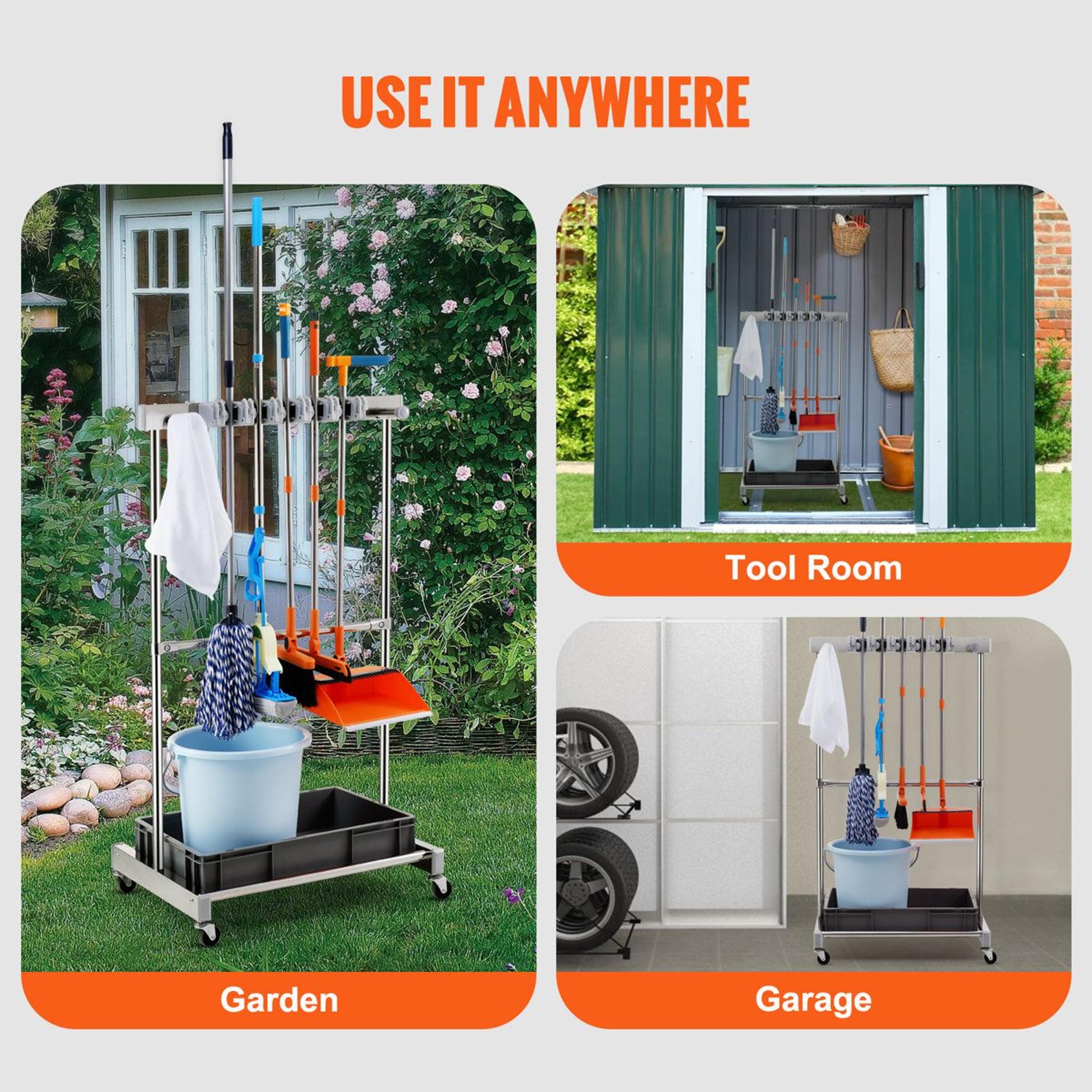 Mobile Garden Tool Organizer Rack With Heavy Duty Swivel Wheels And MultiPurpose Storage Hooks 3