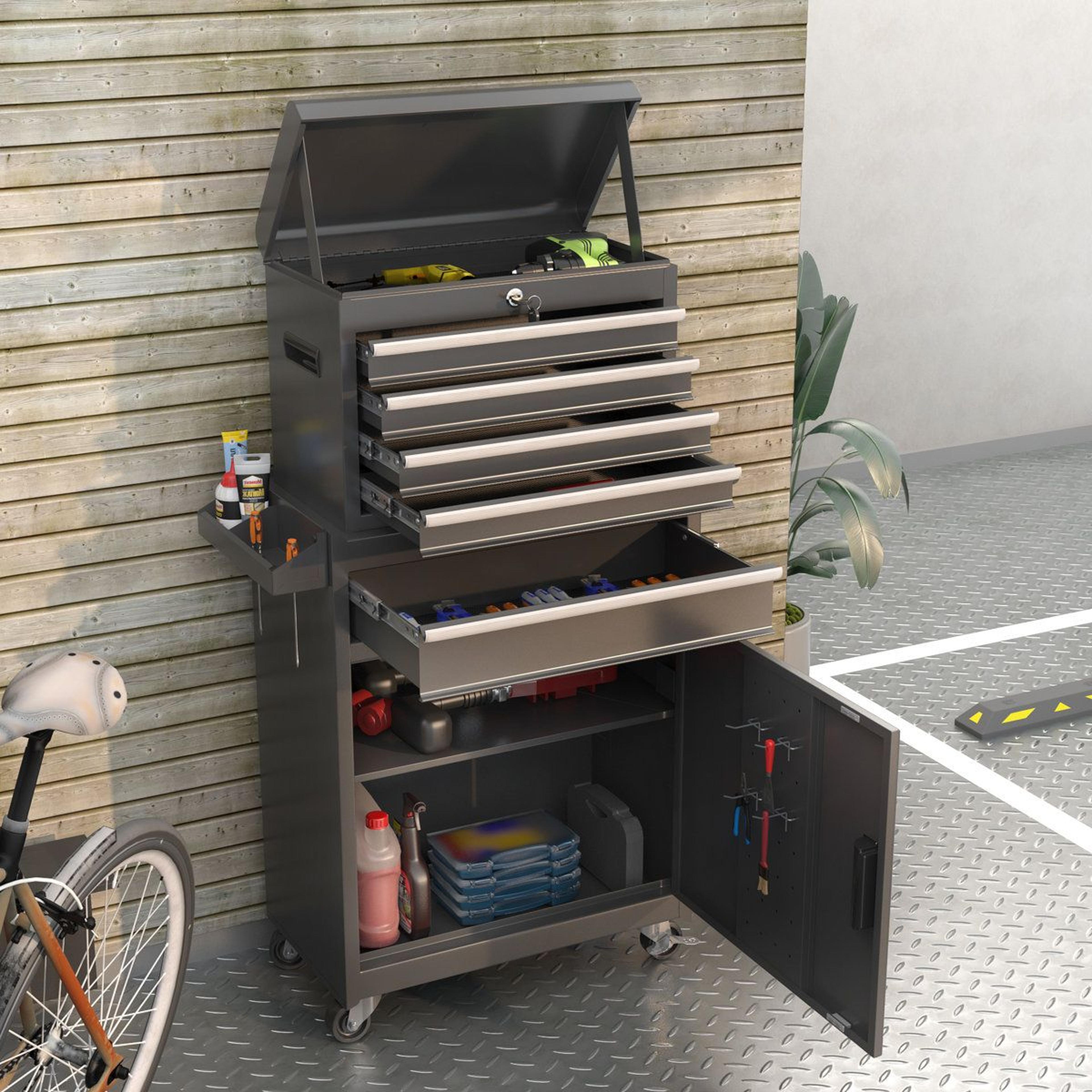 5 drawer rolling tool chest with locking system and detachable top box for garage and workshop
