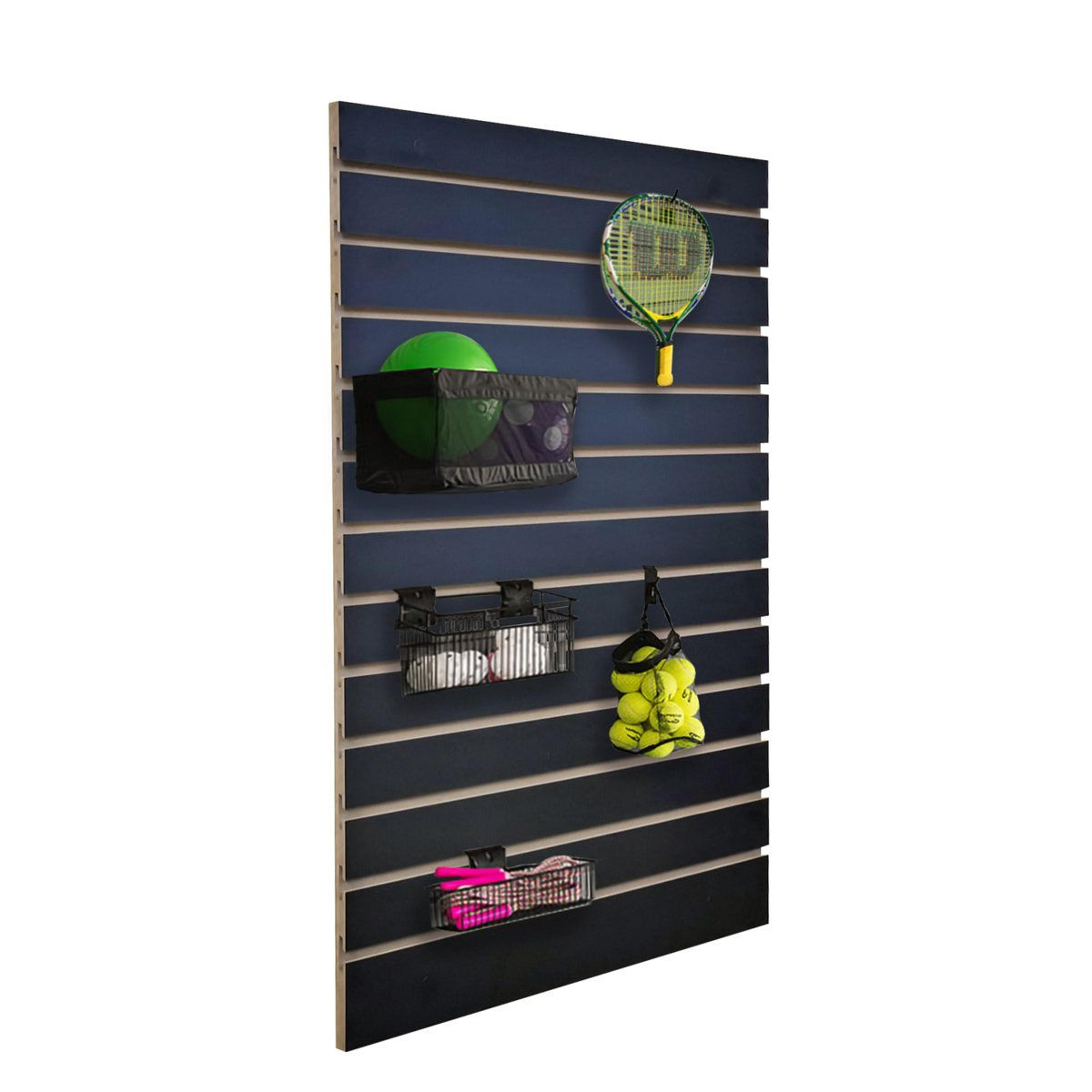 black slatwall panel garage tool and retail organizer