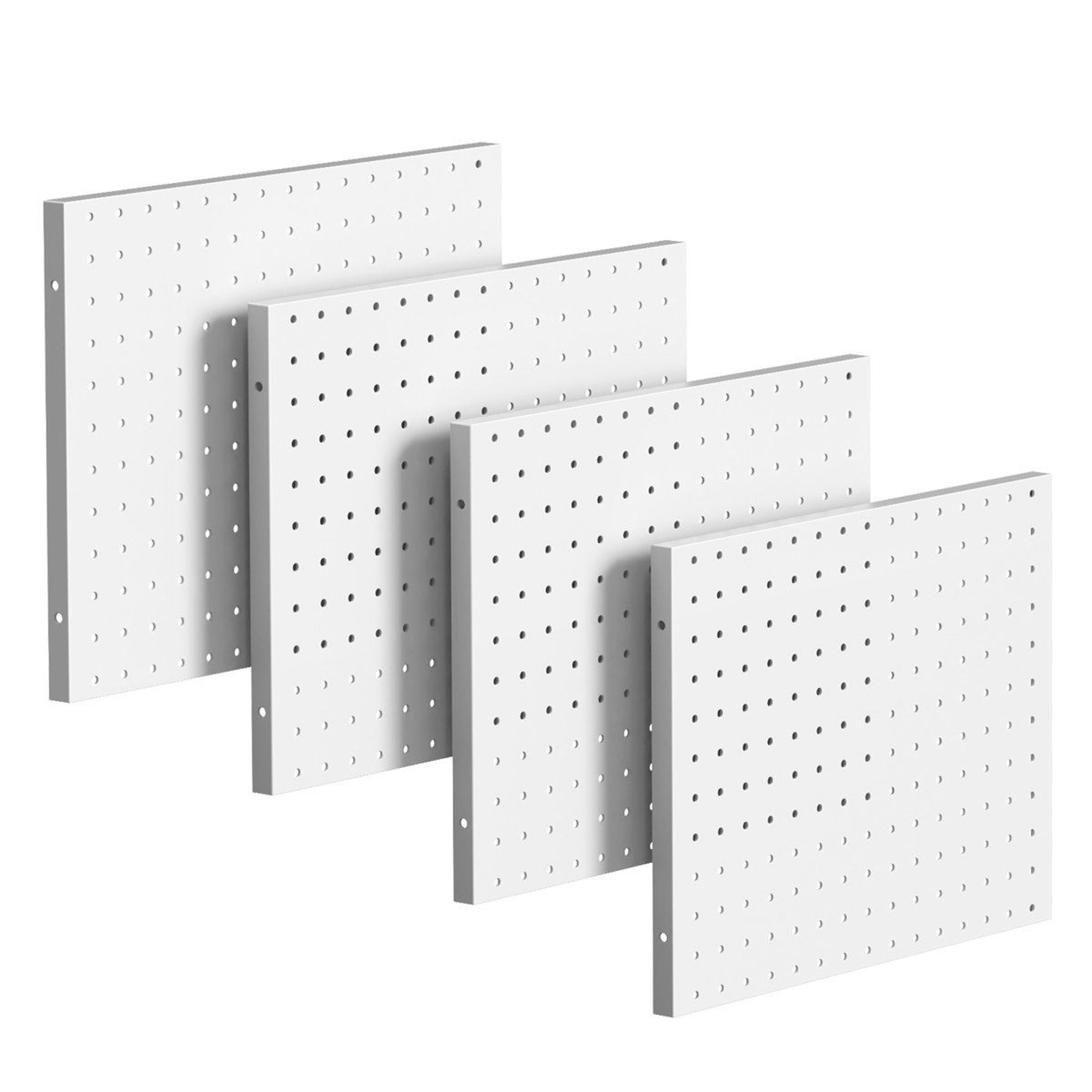 4 pack white metal pegboard panels for wall storage and workshop organization