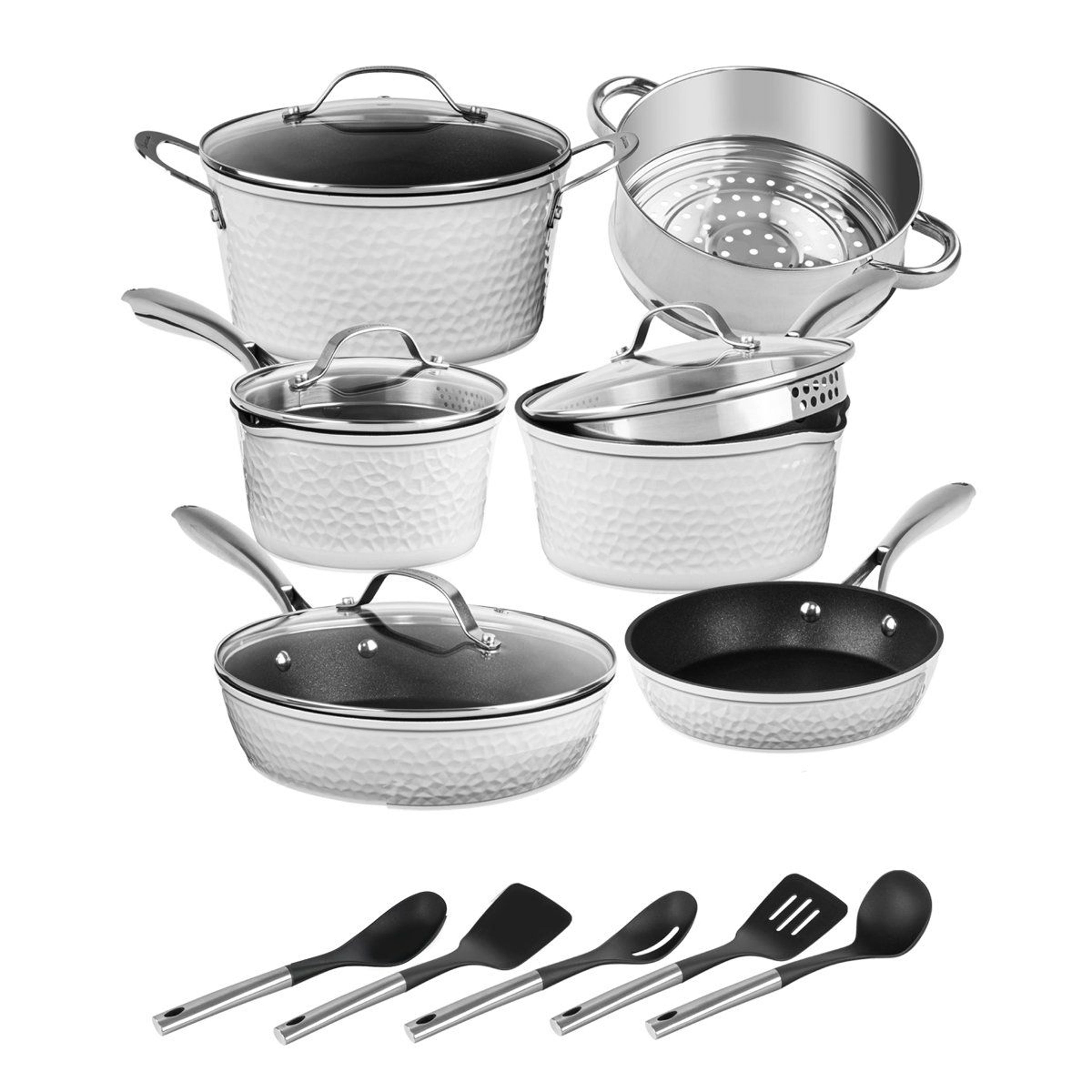 15 piece hammered white nonstick cookware set with utensils and induction base