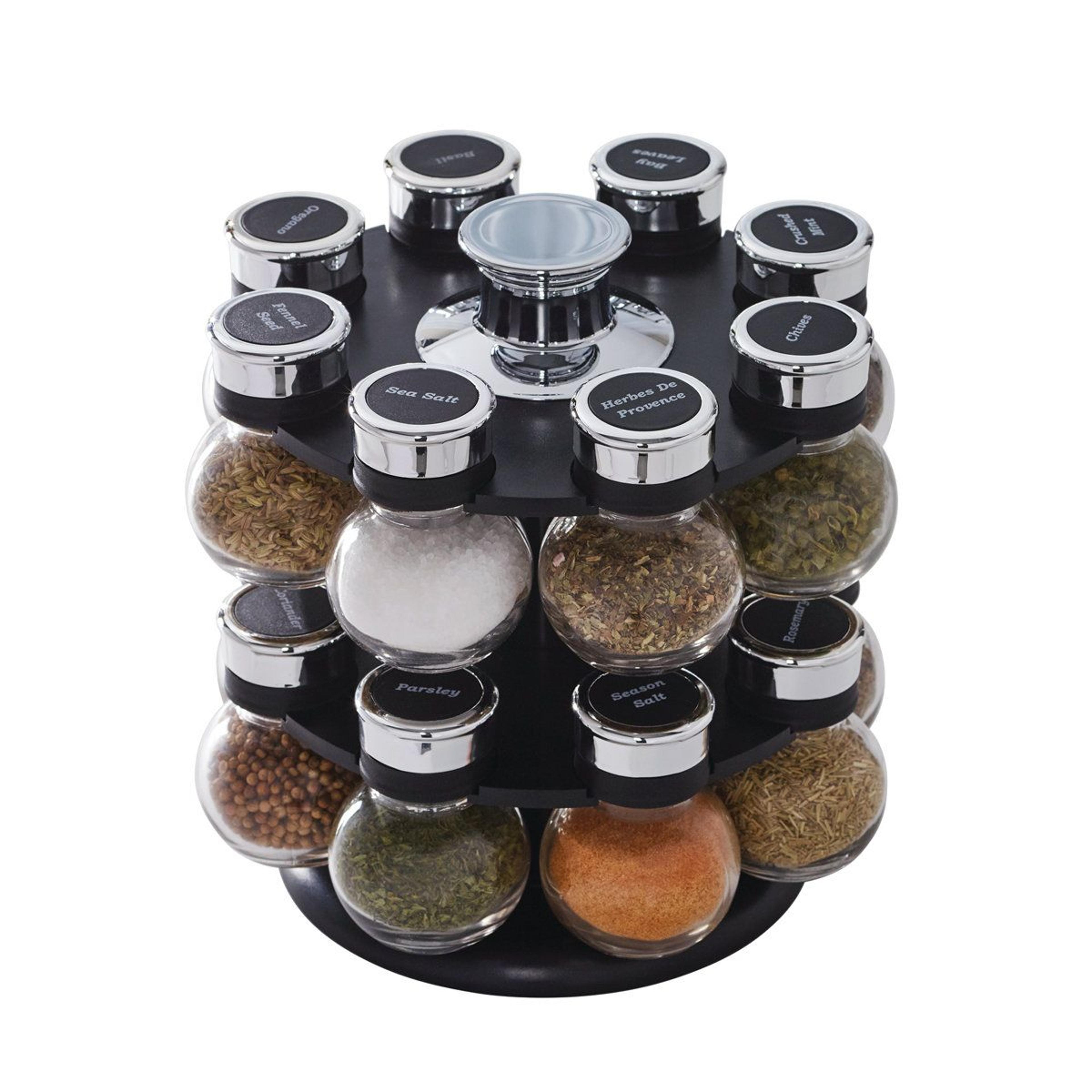 16 jar rotating spice rack with glass jars and countertop organizer