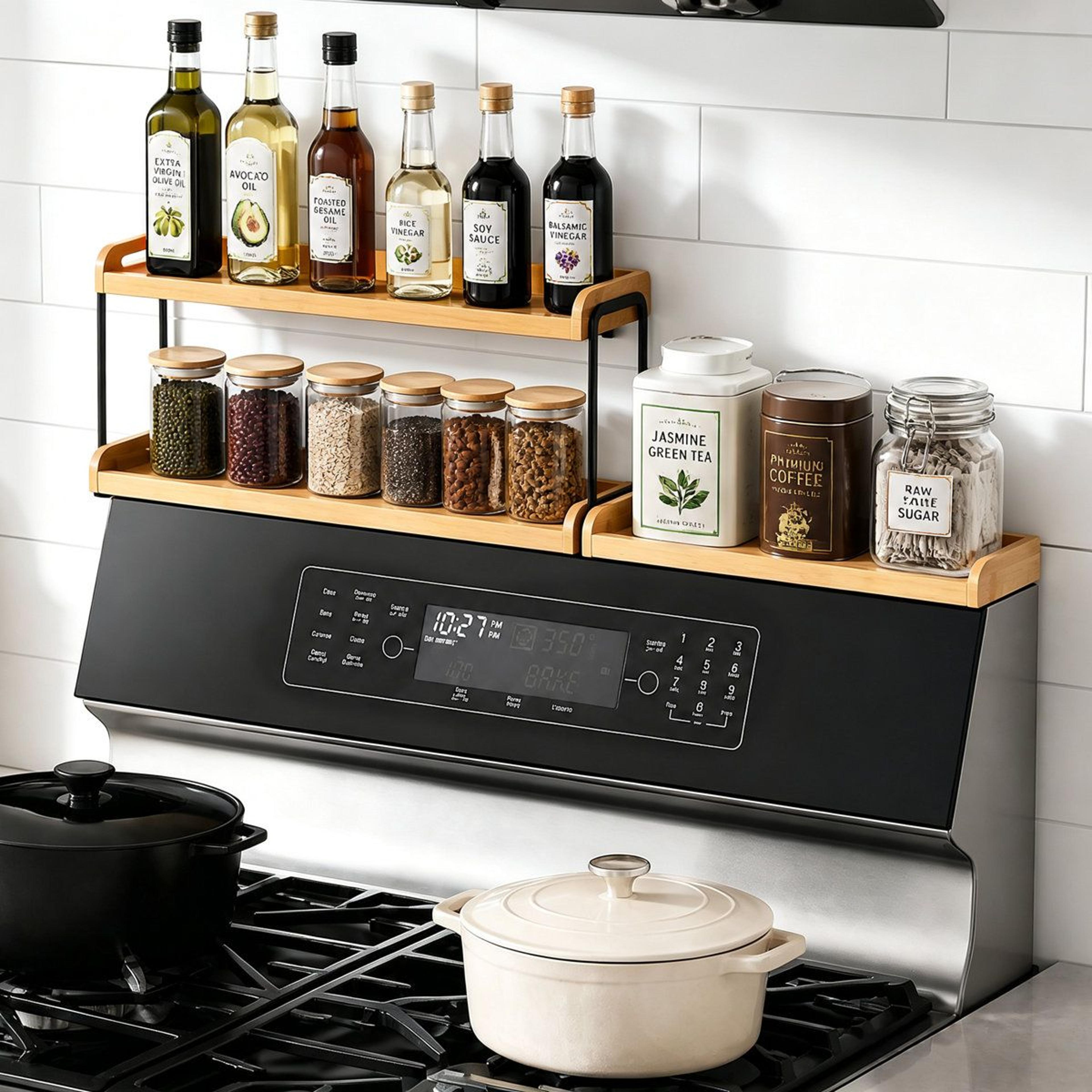 30 Inch Magnetic Stove Top Shelf Bamboo Spice Rack 2 Tier Kitchen Organizer 5