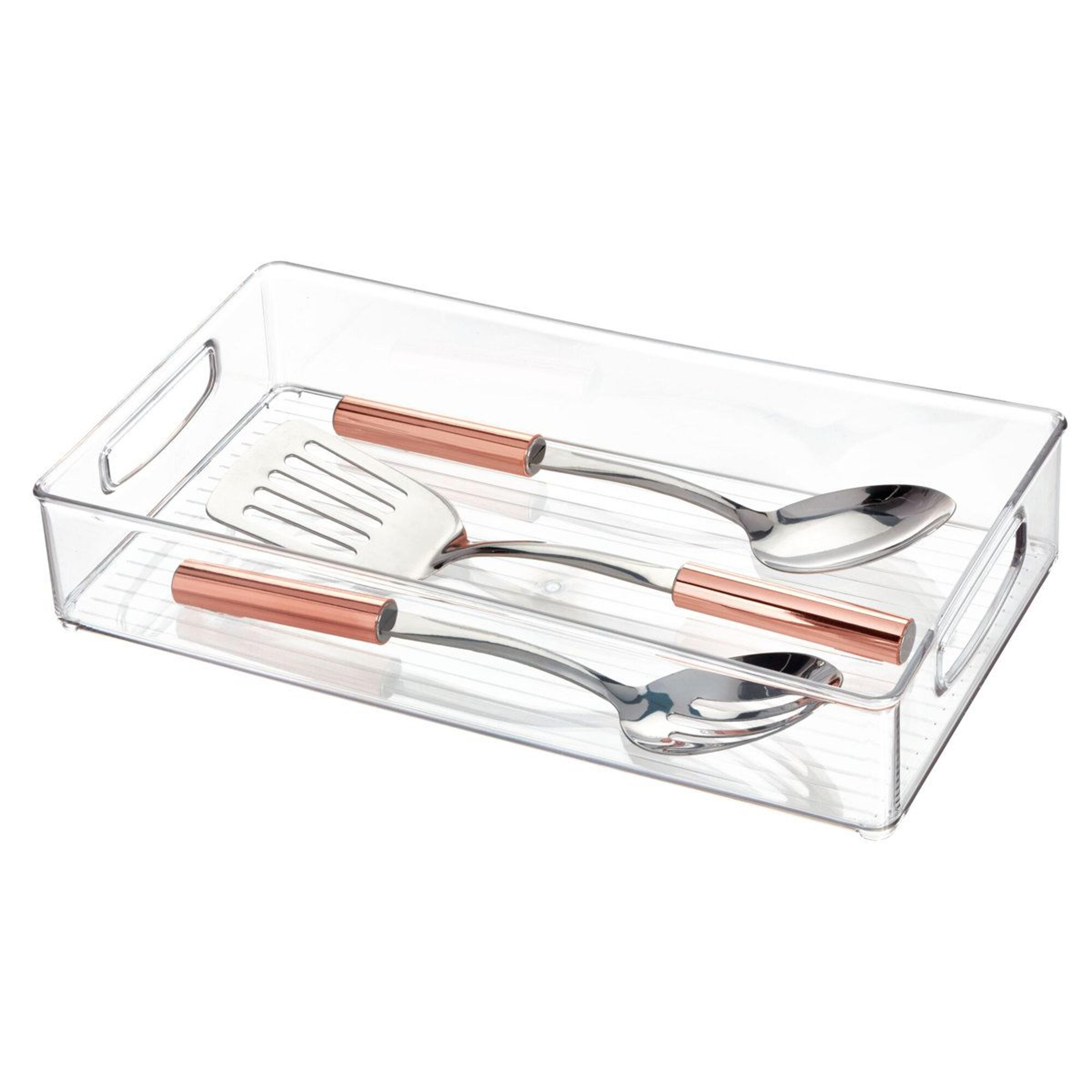 clear kitchen storage organizer bin with handles for pantry fridge and drawers