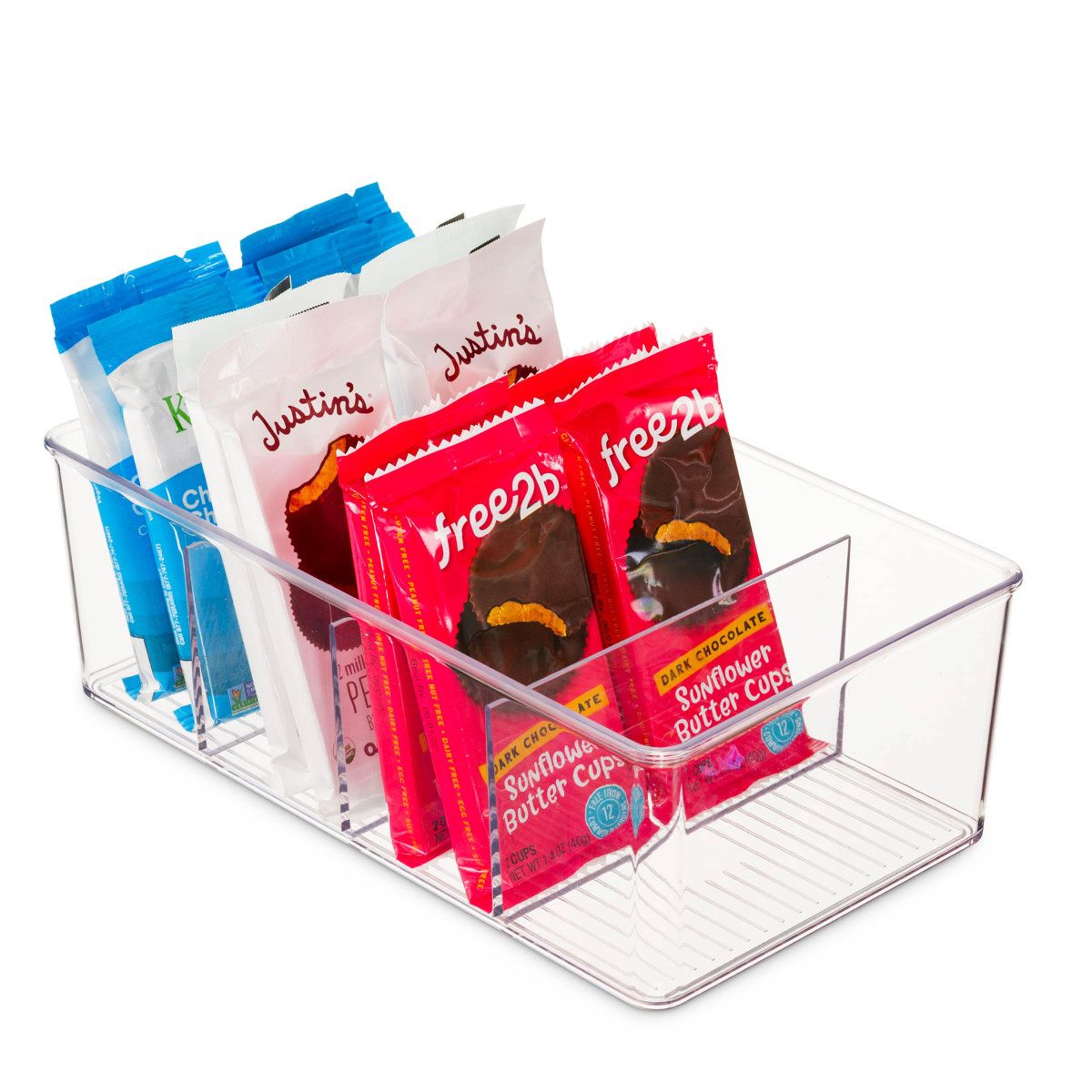 clear stackable pantry organizer bins with divided compartments set of 4