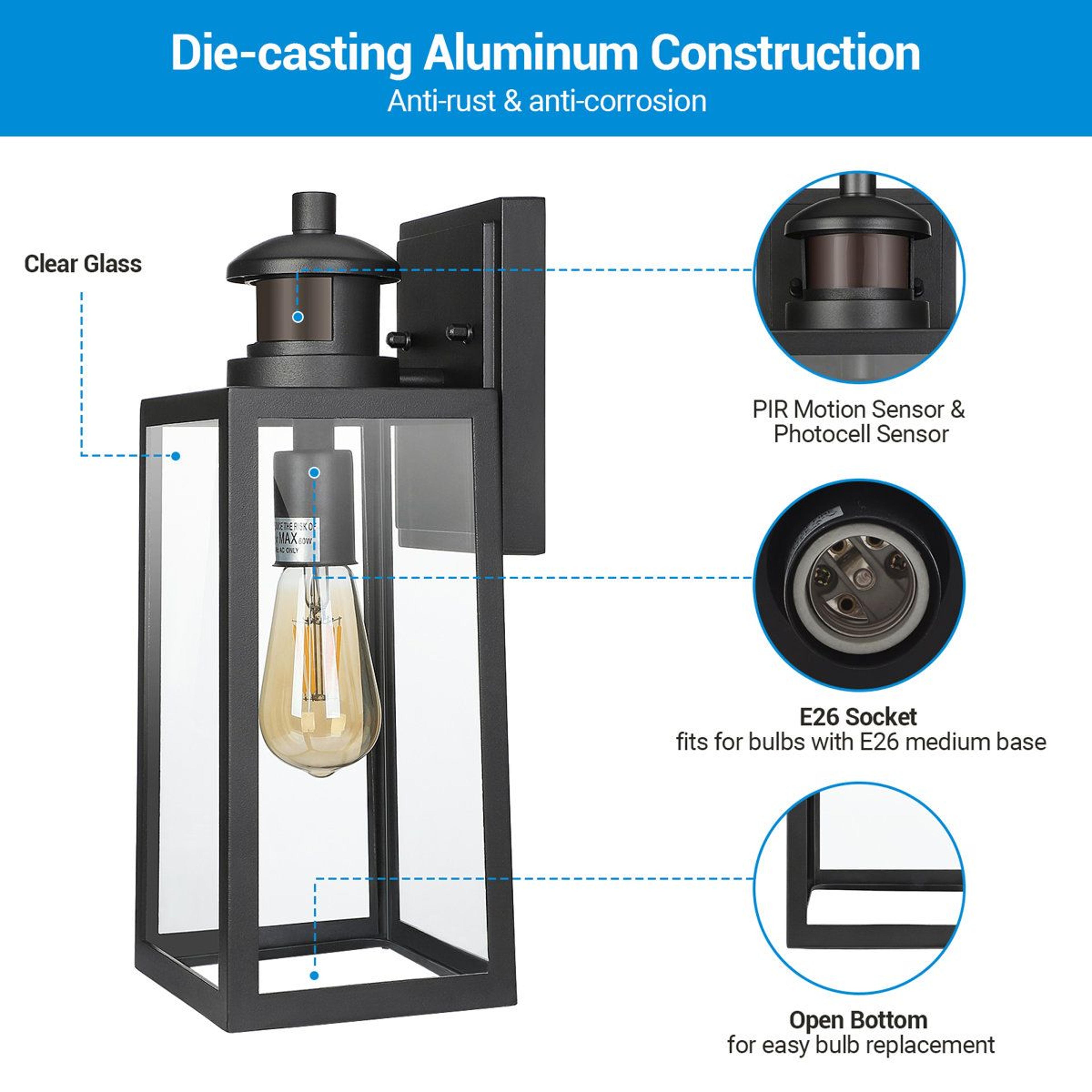 11 Inch Motion Sensor Outdoor Wall Light With Dusk To Dawn Aluminum Lantern 1