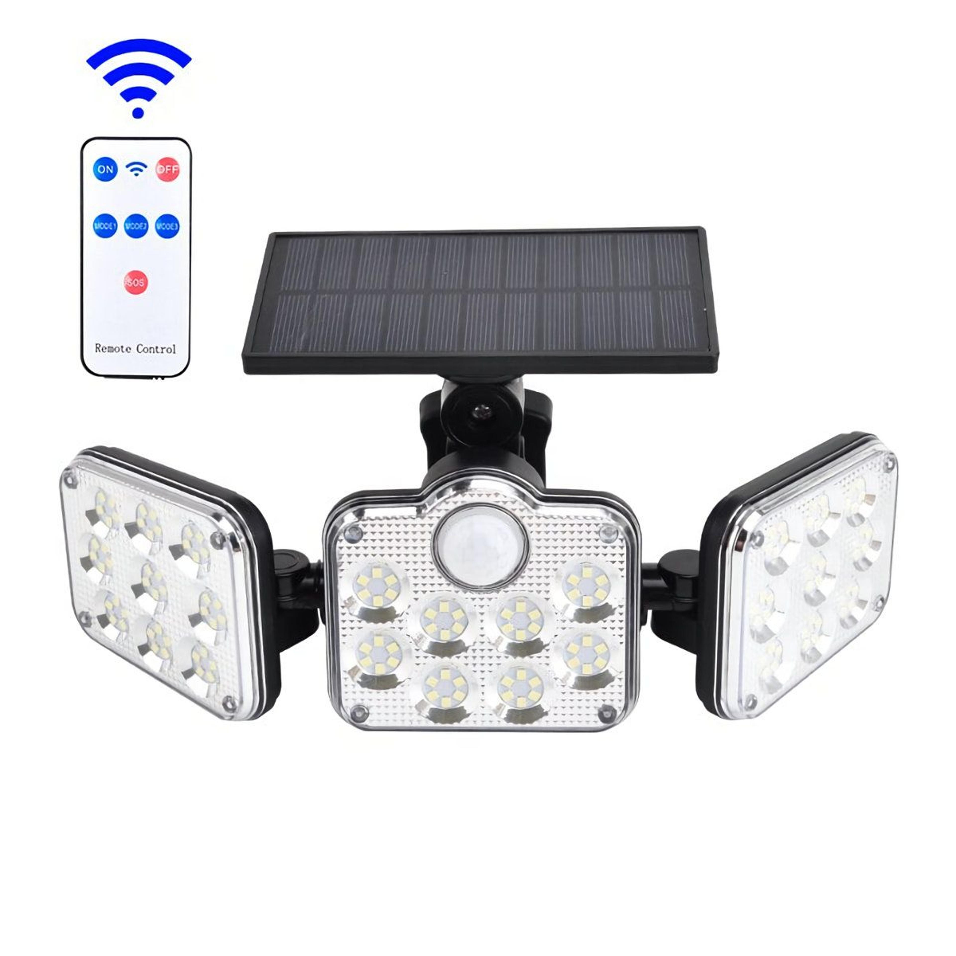 solar motion sensor security light with 3 adjustable heads remote control and 800lm led illumination
