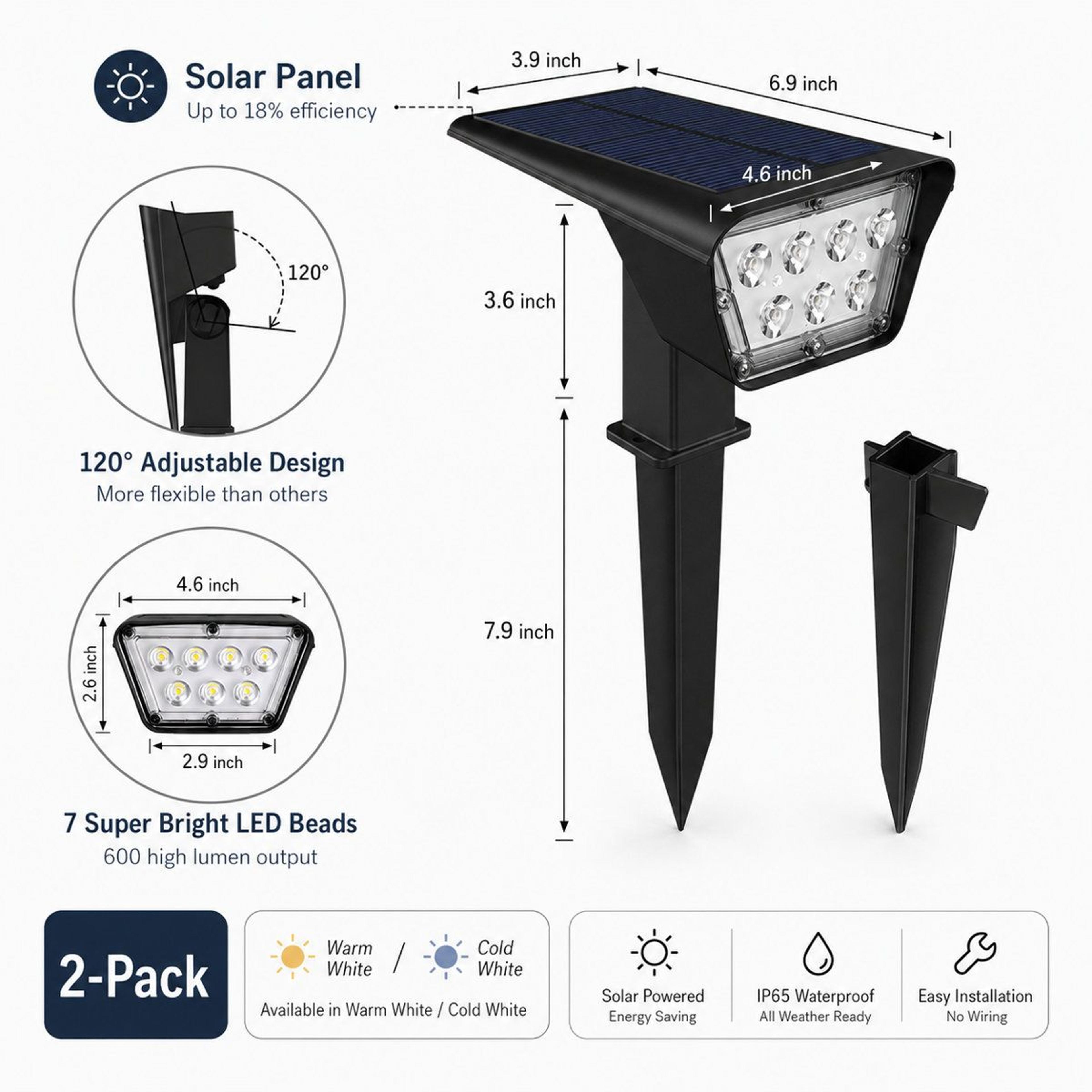 300 Lumen Adjustable Solar Landscape Spotlights Dusk To Dawn Outdoor Lights Set Of 2 7