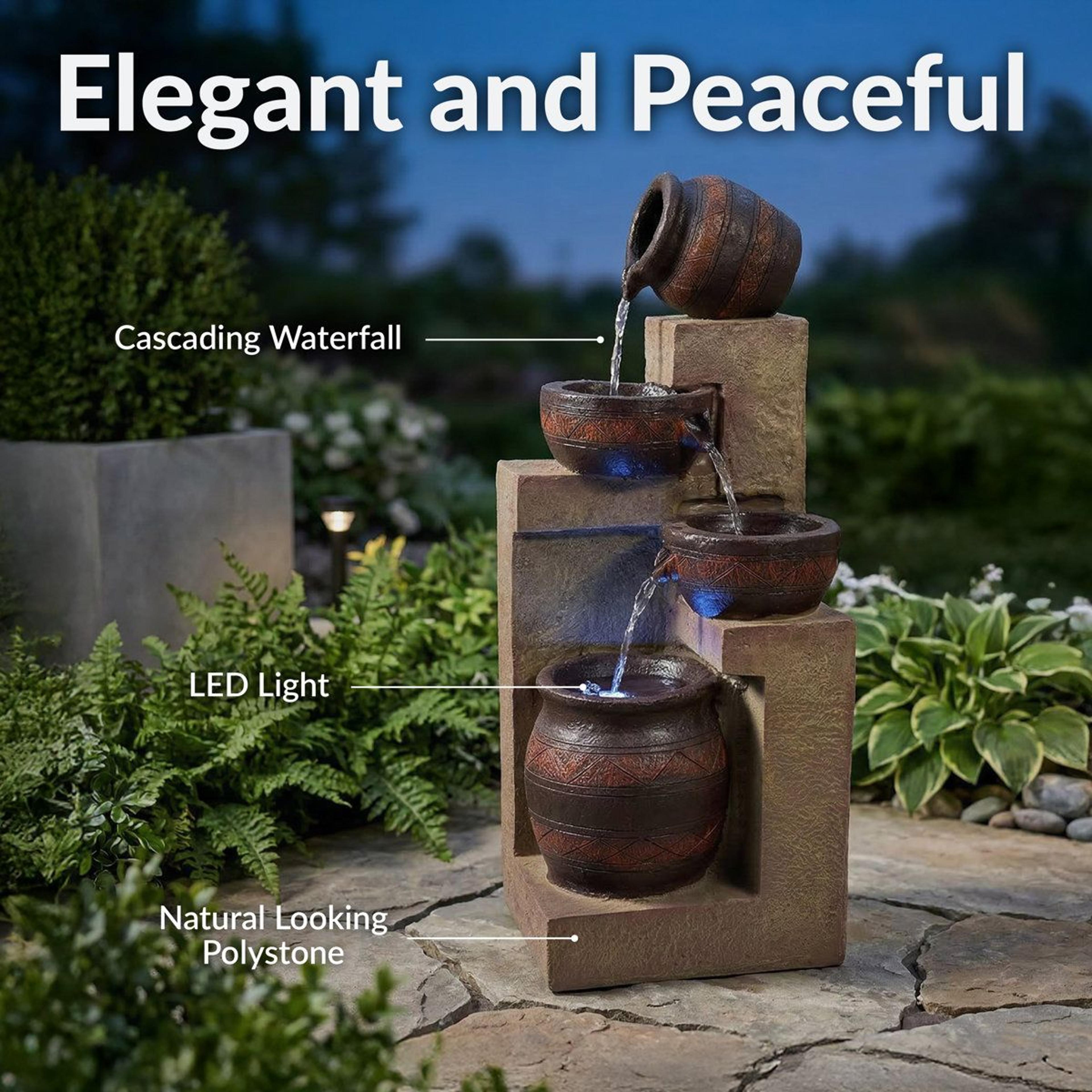 Solar Cascading Outdoor Garden Fountain With LED Light And Battery Backup 6
