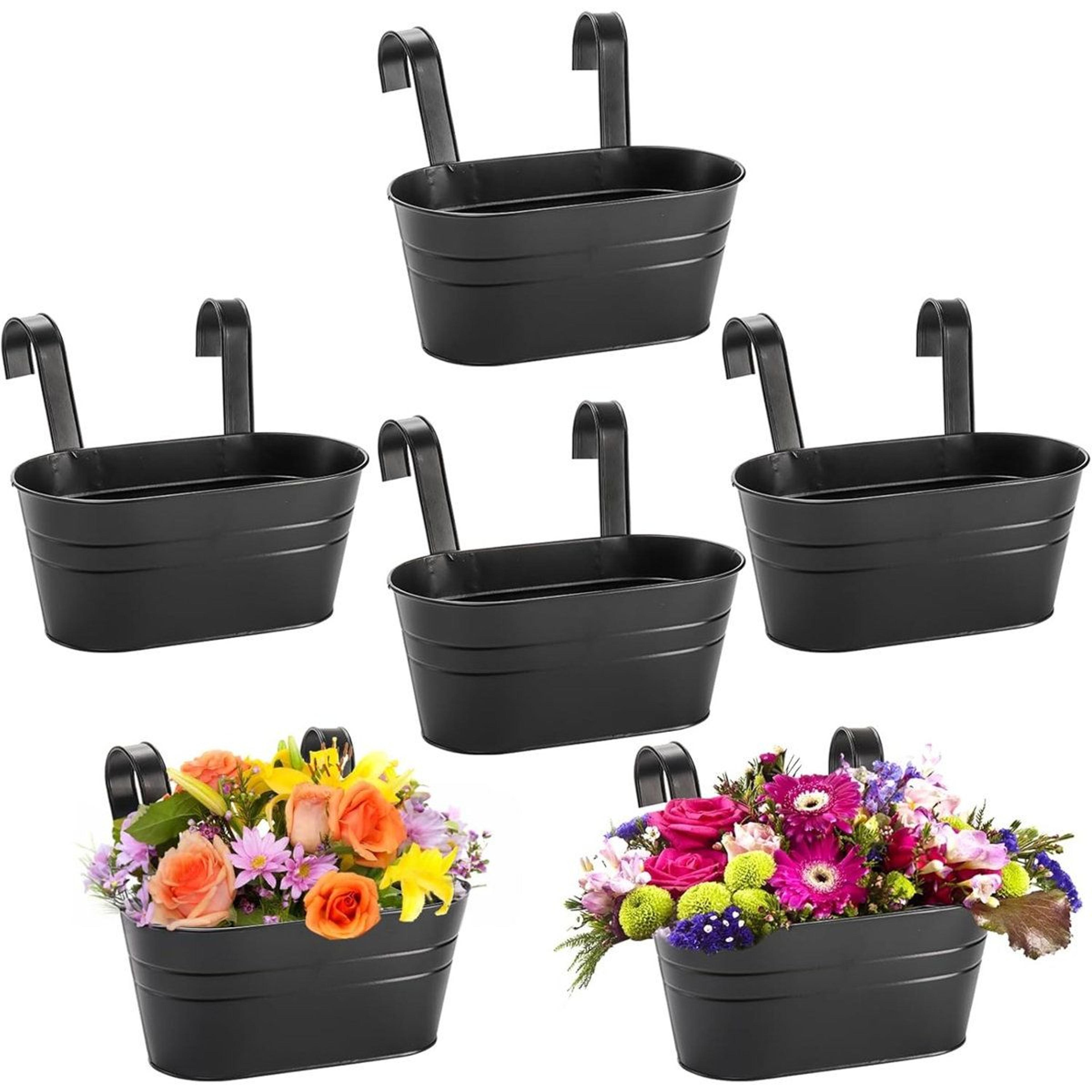 6 pack black metal hanging planter baskets for balcony railing and outdoor decor