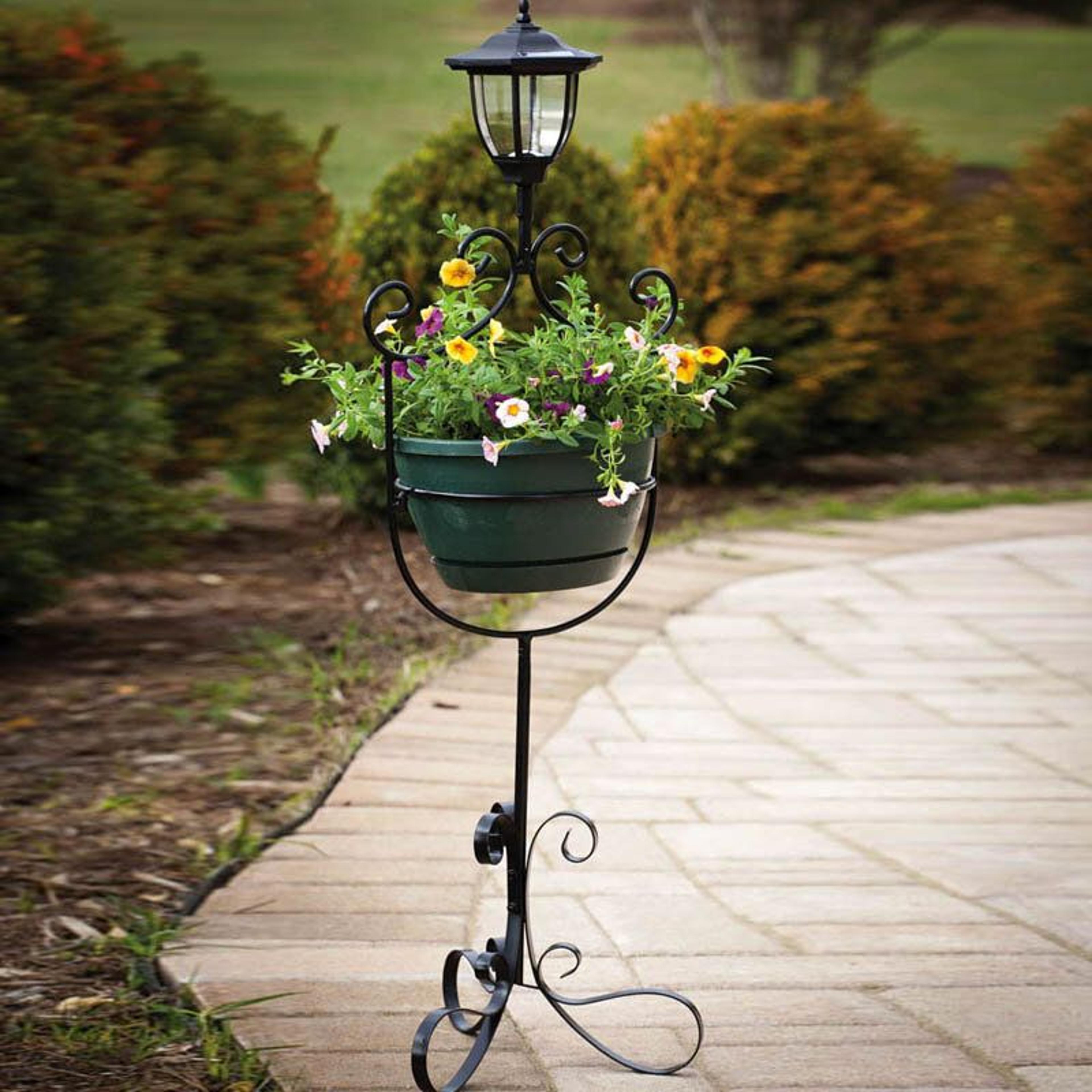 39 Inch Solar Planter Stand With Pot Holder And Outdoor Lantern 2
