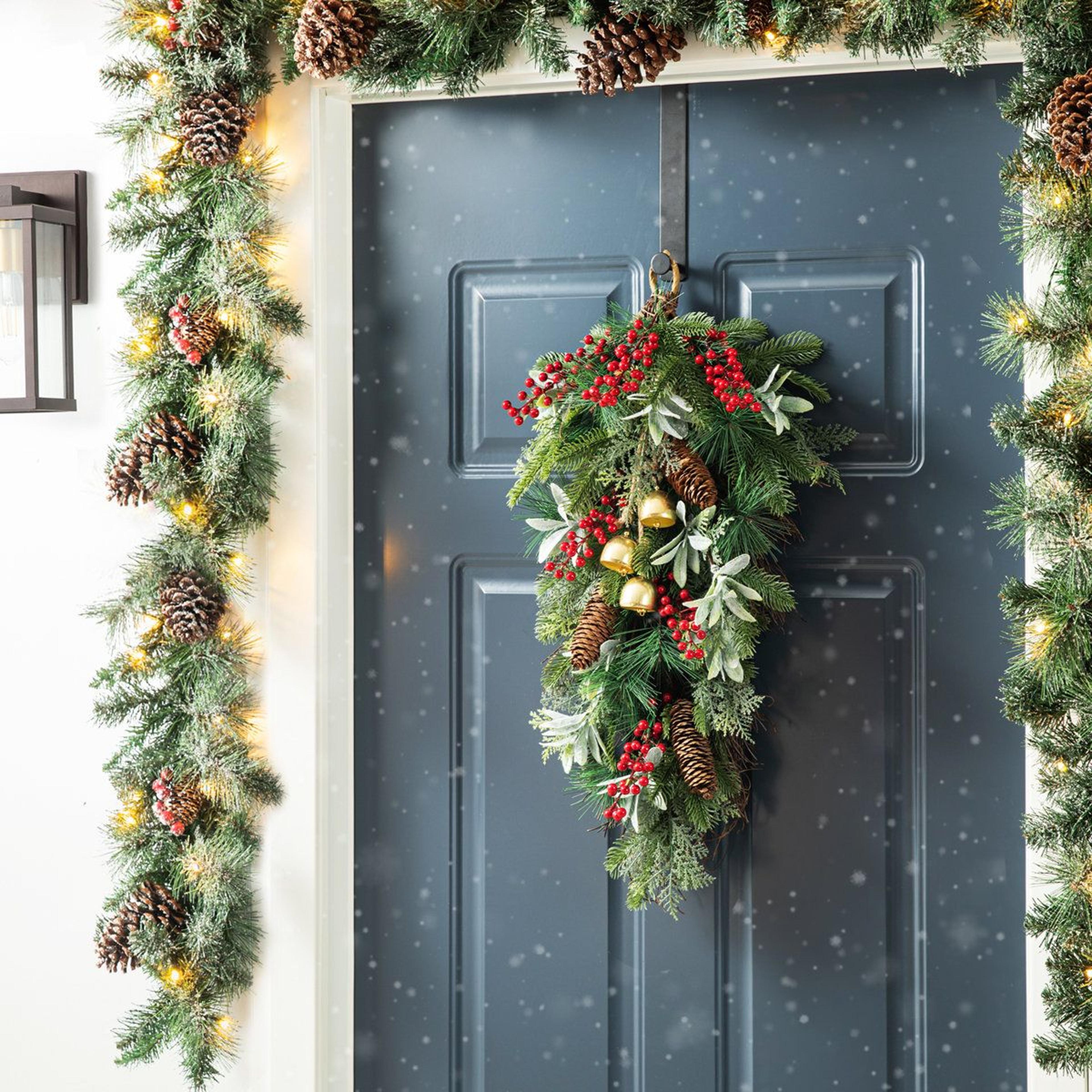 Frosted Pinecone Door Swag With Red Berries And Bells 5