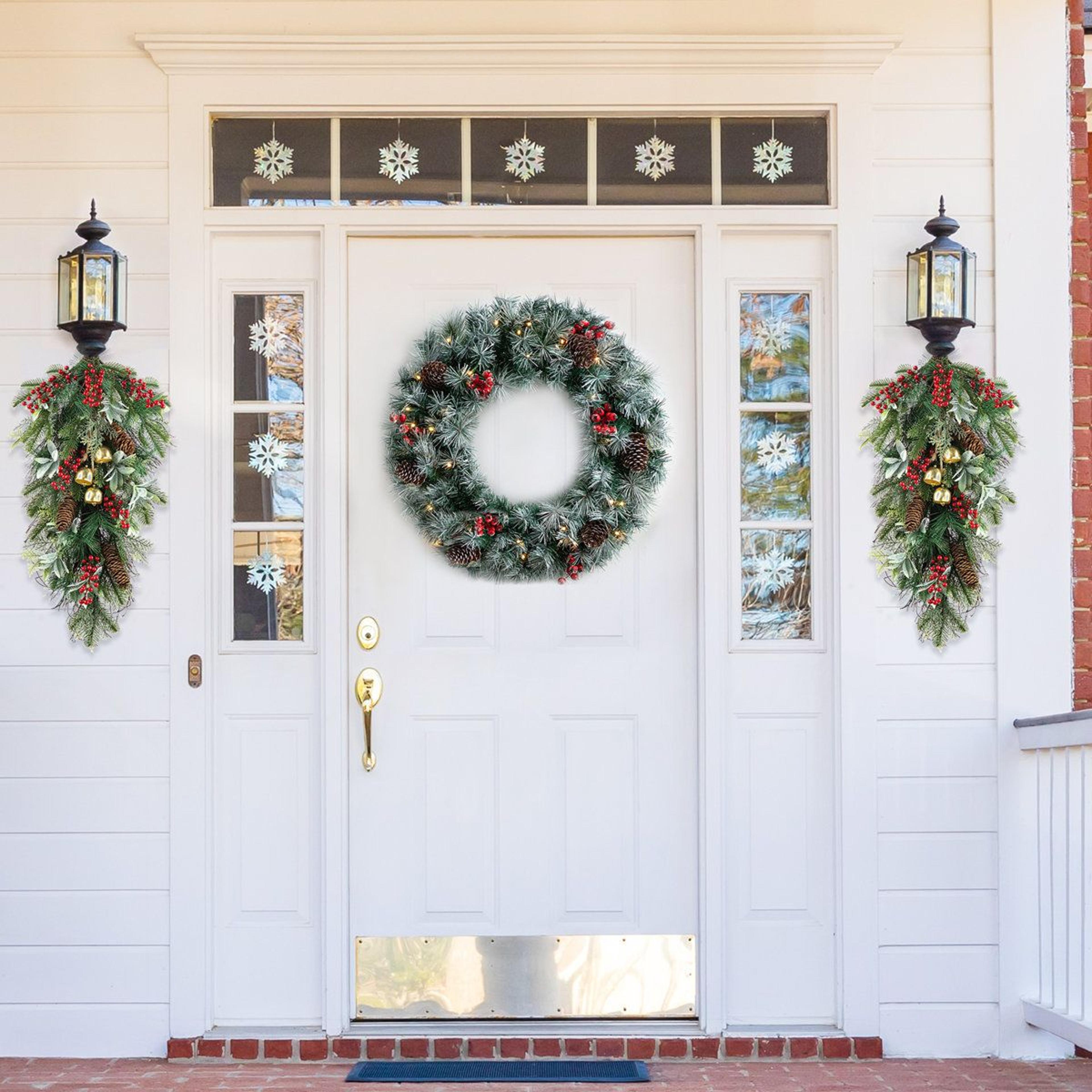 Frosted Pinecone Door Swag With Red Berries And Bells 6
