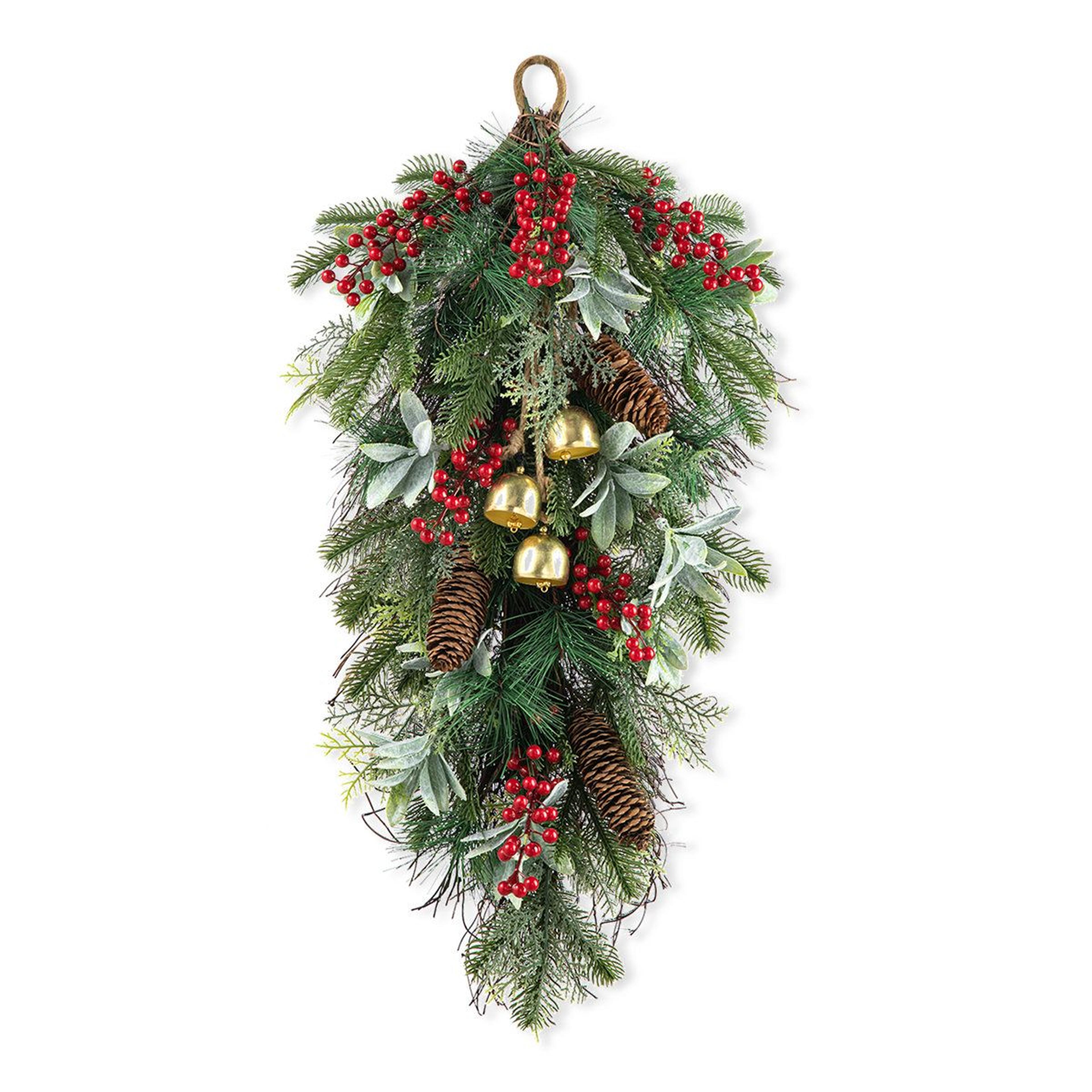 frosted pinecone door swag with red berries and bells