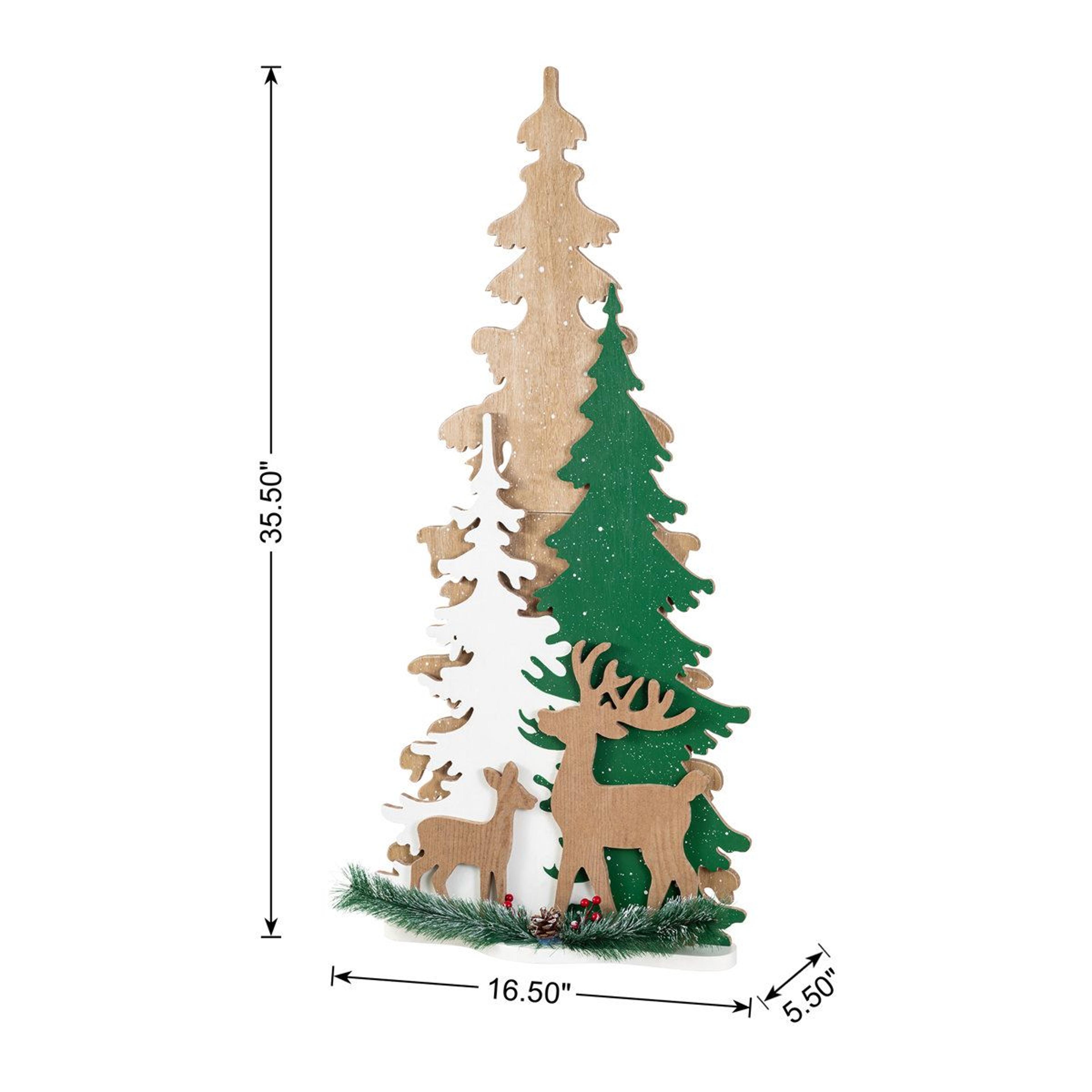355 Inch Wooden Christmas Tree Porch Decor With Reindeer And Frosted Woodland Accents 1