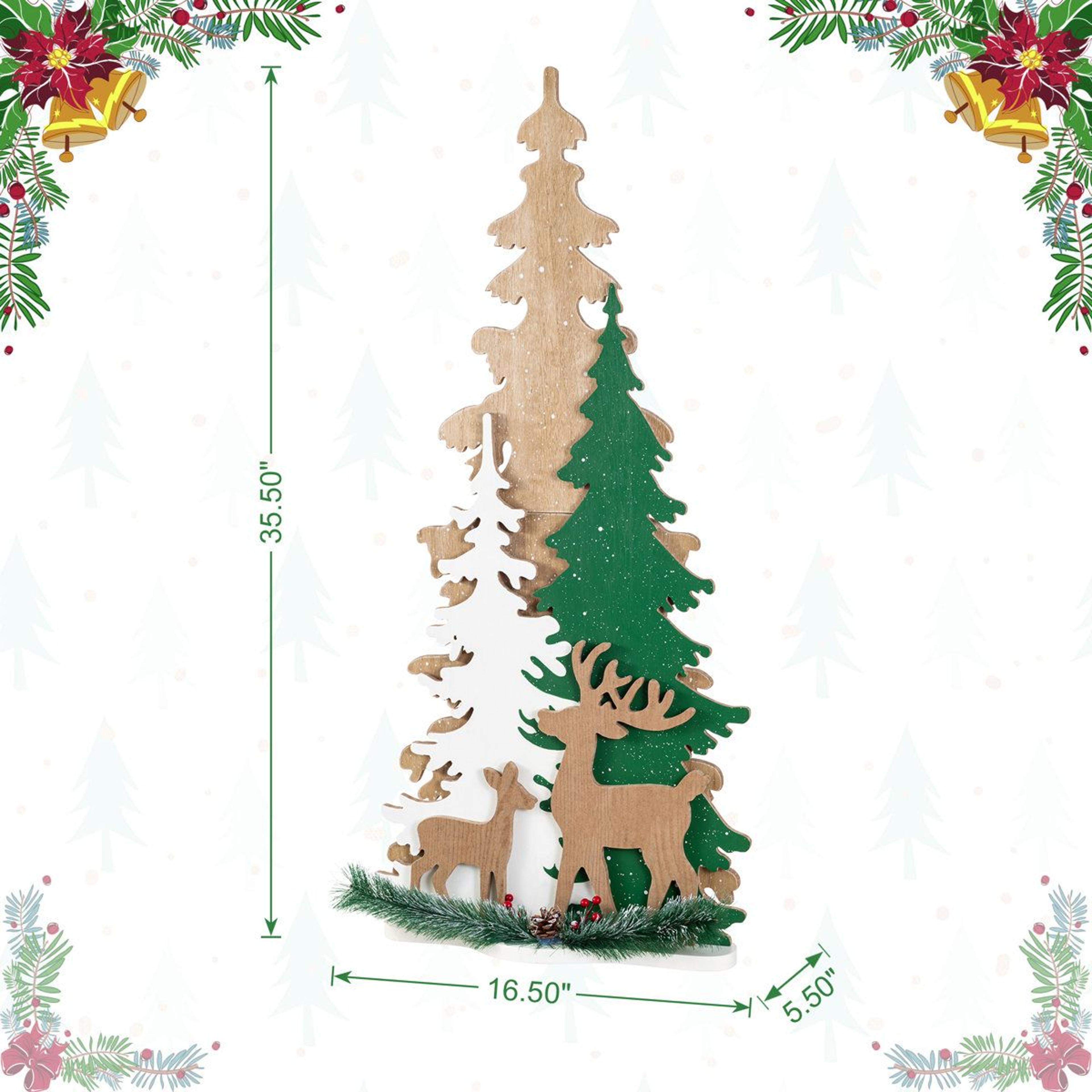 355 Inch Wooden Christmas Tree Porch Decor With Reindeer And Frosted Woodland Accents 4