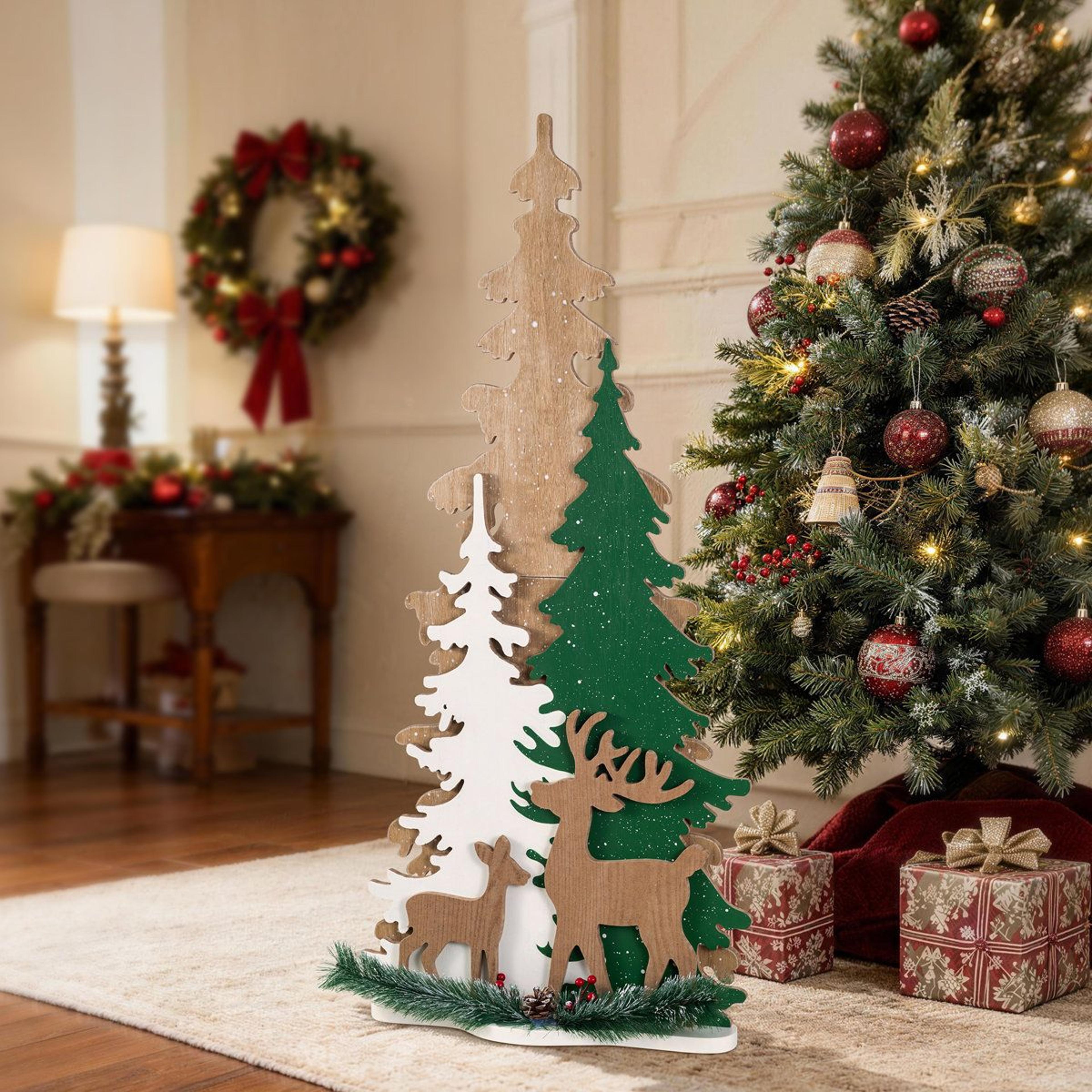355 Inch Wooden Christmas Tree Porch Decor With Reindeer And Frosted Woodland Accents 7