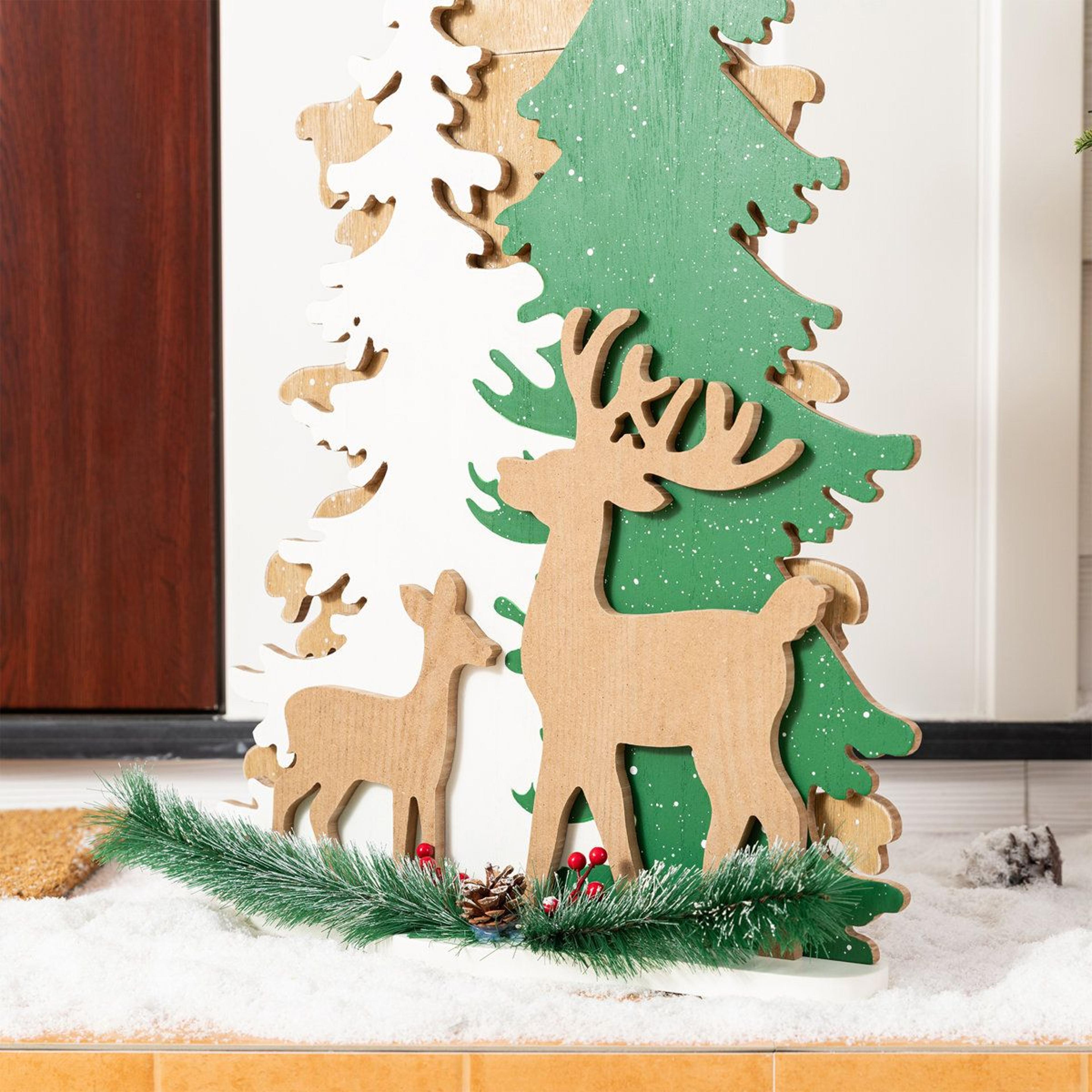 355 Inch Wooden Christmas Tree Porch Decor With Reindeer And Frosted Woodland Accents 5