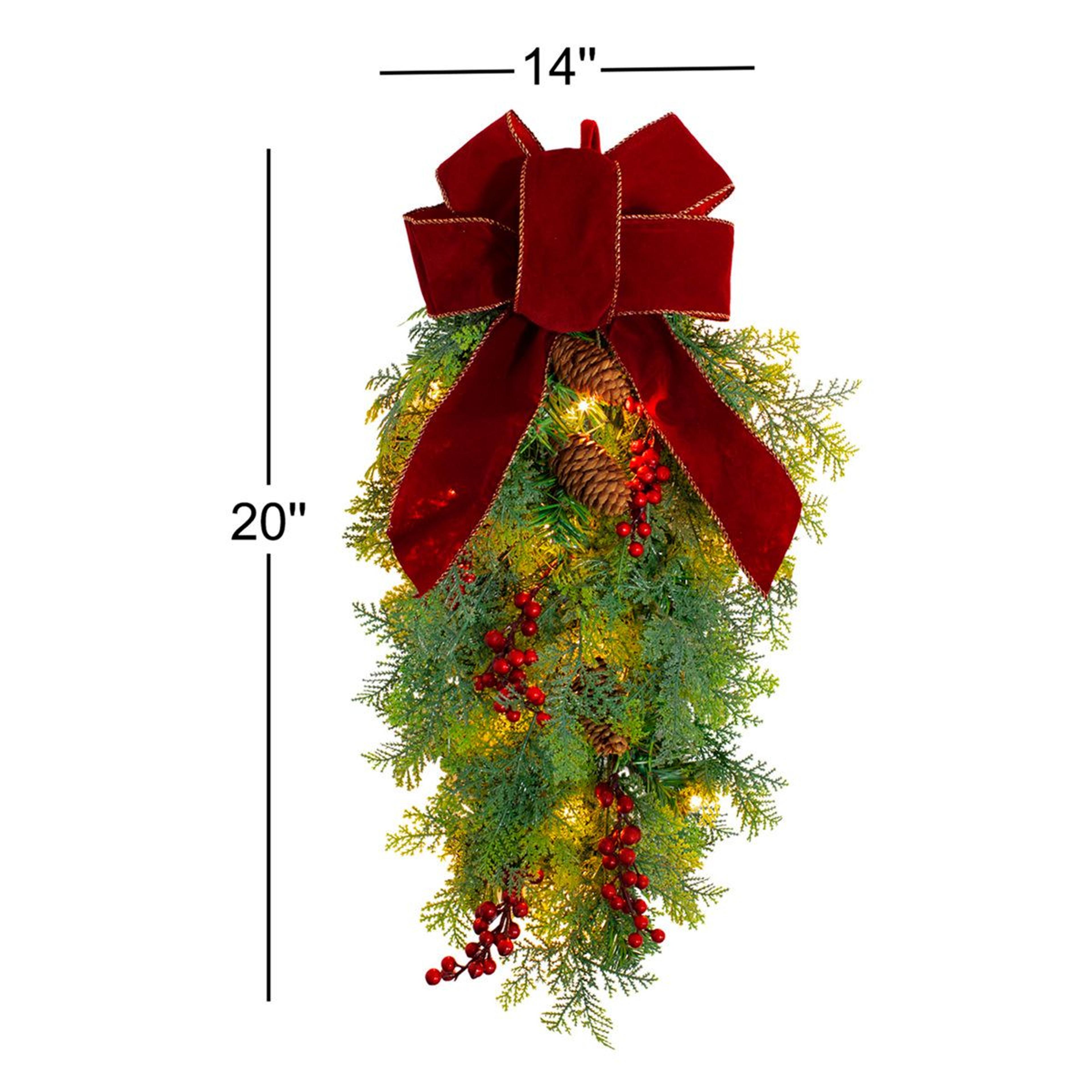 PreLit Christmas Swag With Warm LED Lights Faux Greenery Pinecones And Red Bow 4