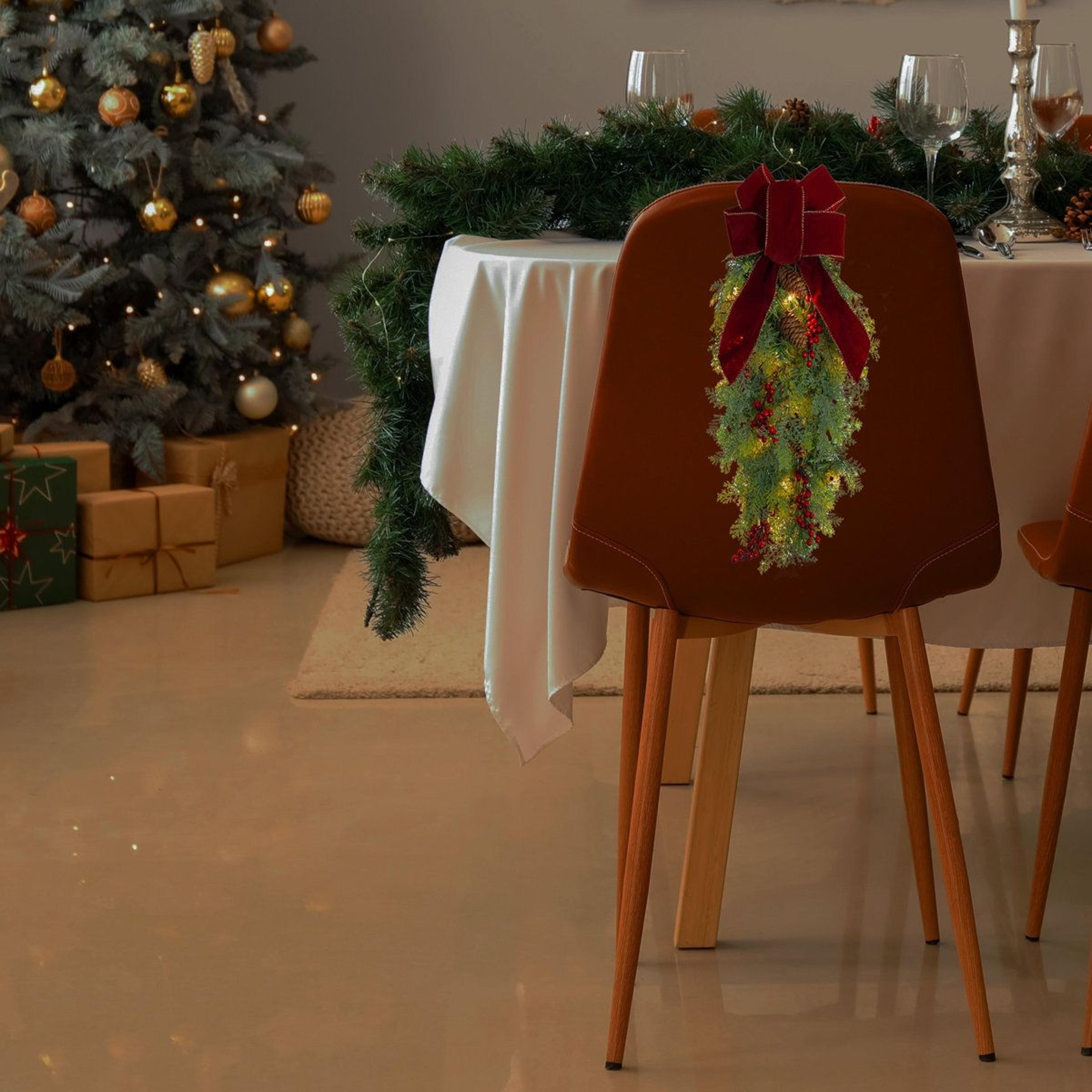 PreLit Christmas Swag With Warm LED Lights Faux Greenery Pinecones And Red Bow 5