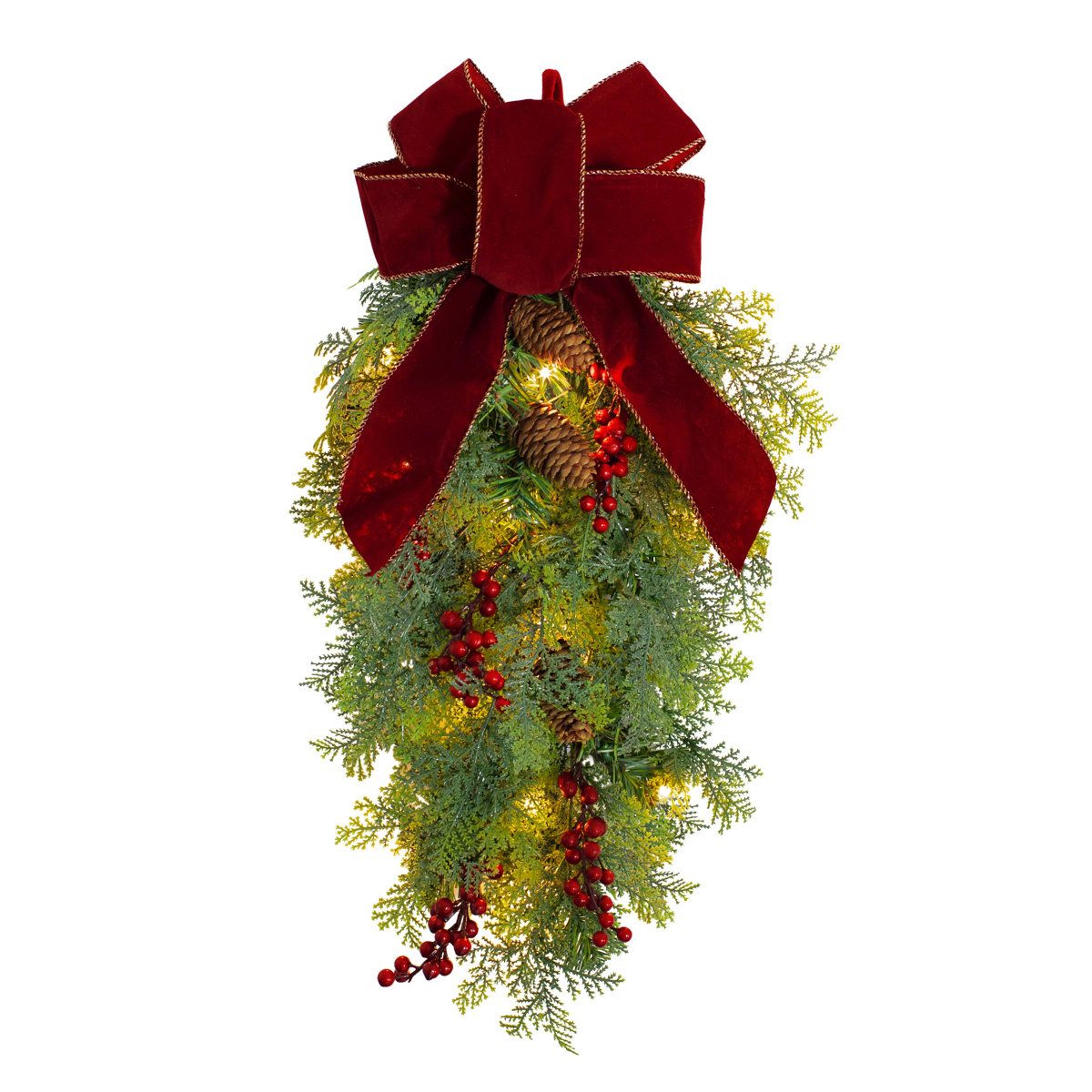 PreLit Christmas Swag With Warm LED Lights Faux Greenery Pinecones And Red Bow 3