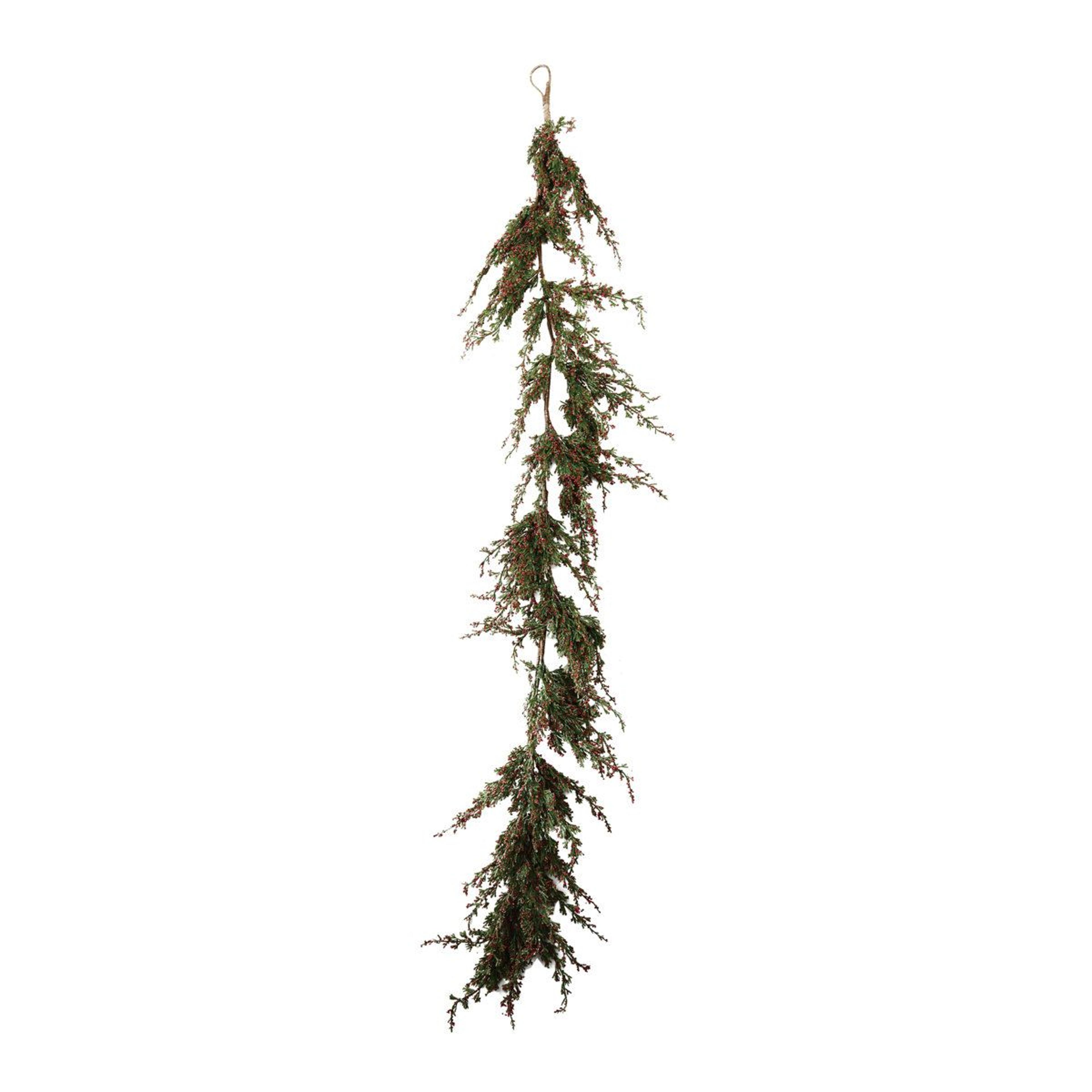 faux cypress garland with red berries for christmas decor