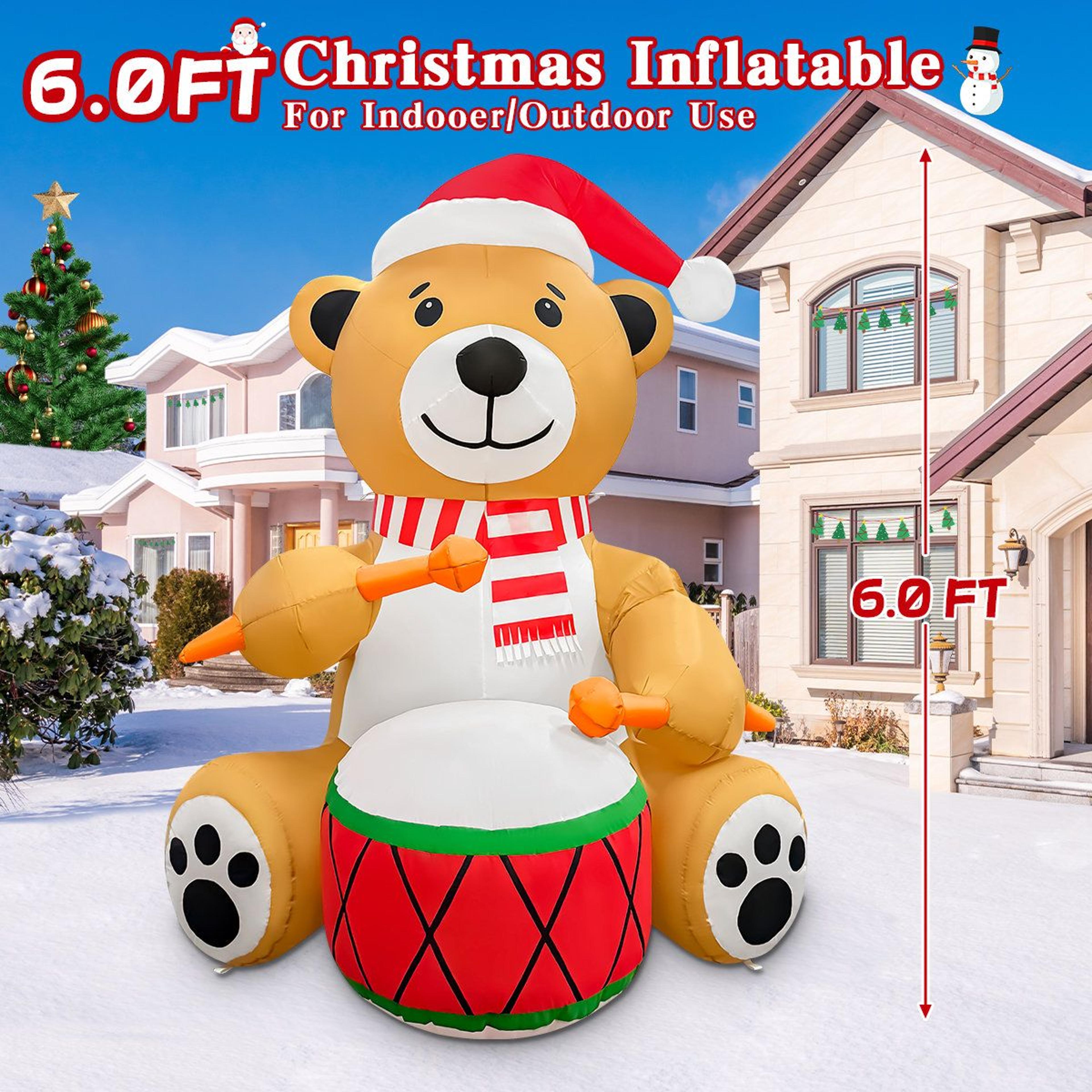 6 FT Animated Christmas Drumming Bear Inflatable With LED Lights 4
