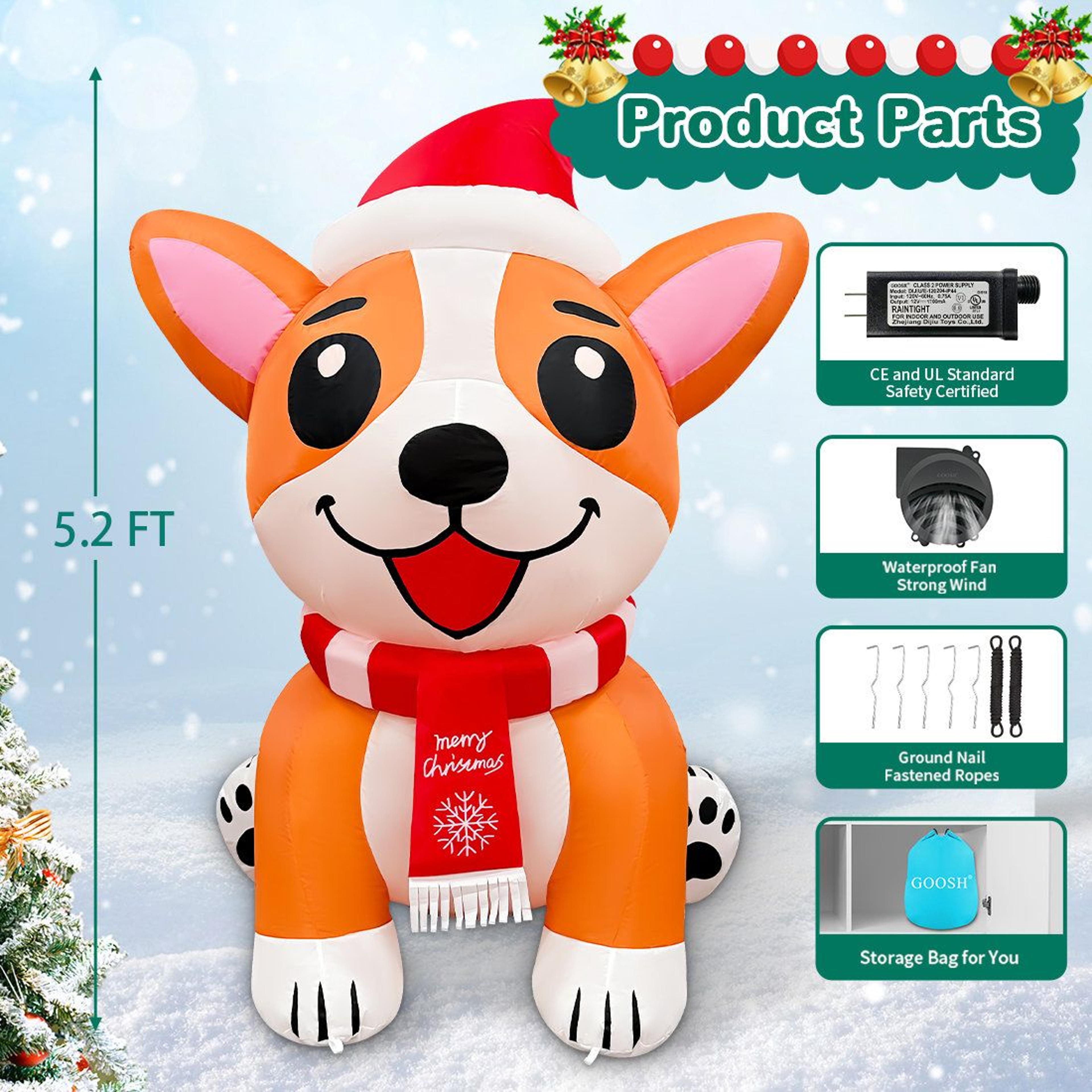 52 FT Christmas Inflatable Dog With LED Lights And Santa Hat 4