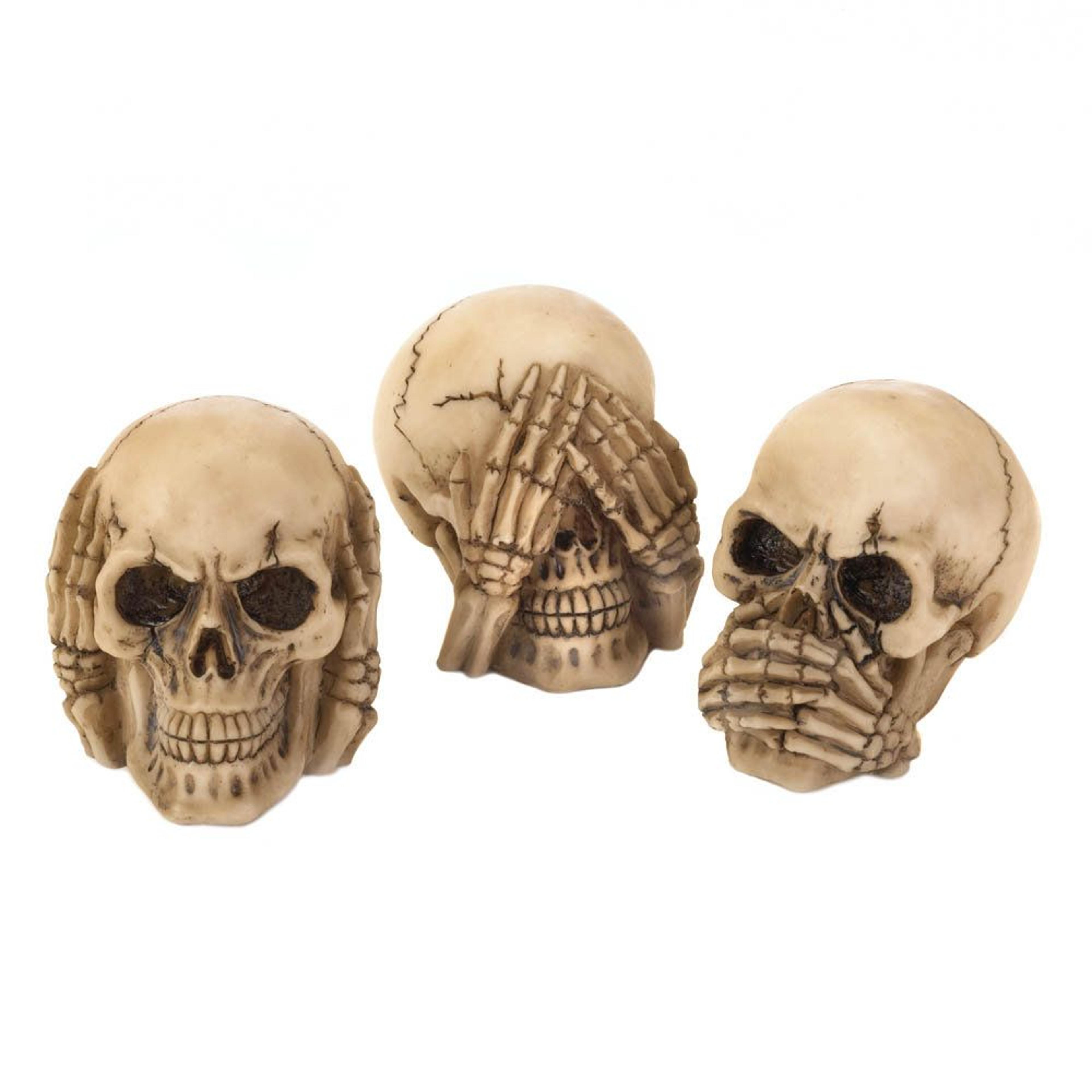 the holiday aisle see hear speak skull figurine set gothic halloween table decor