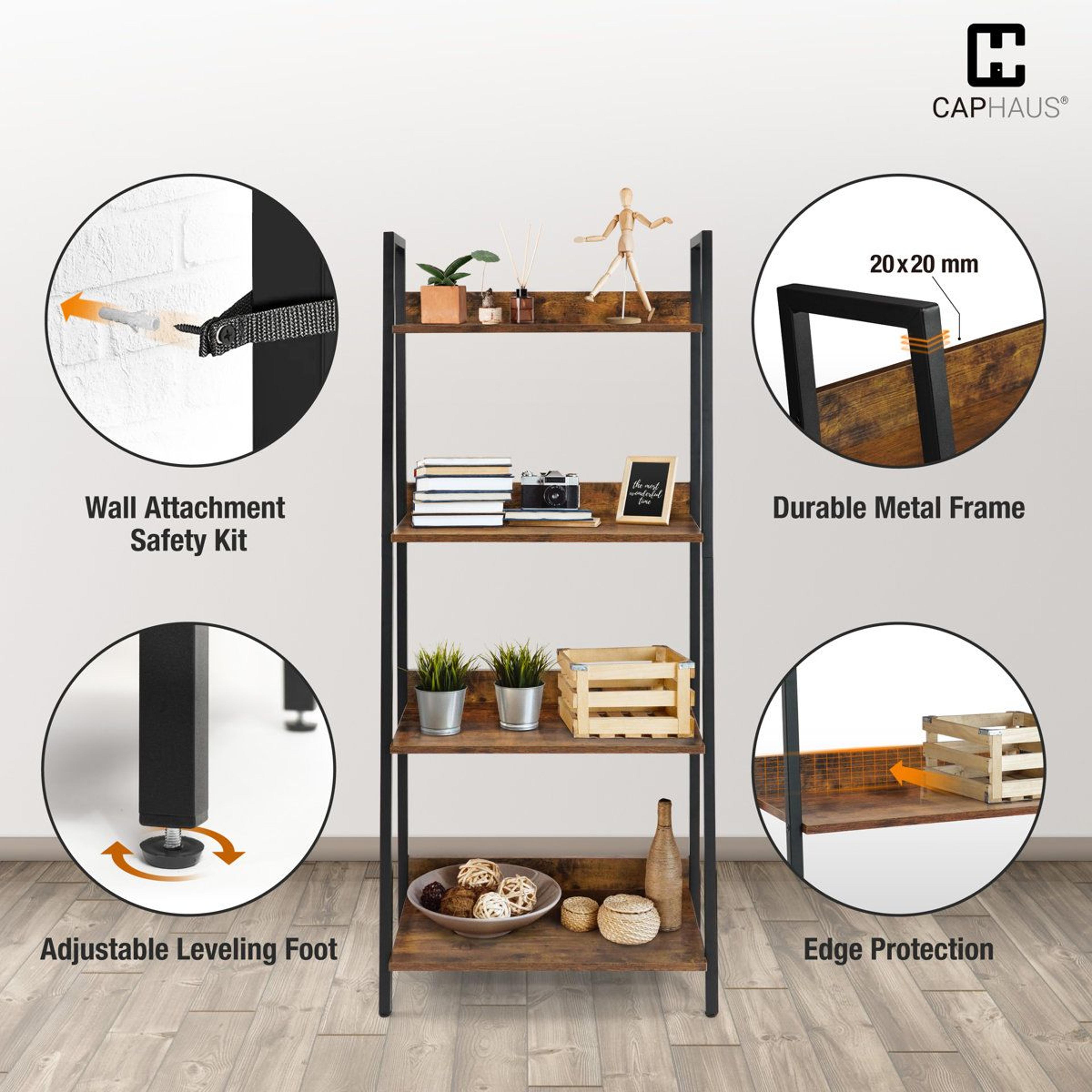 4 Tier Ladder Bookshelf Rustic Oak Industrial Storage Rack 2