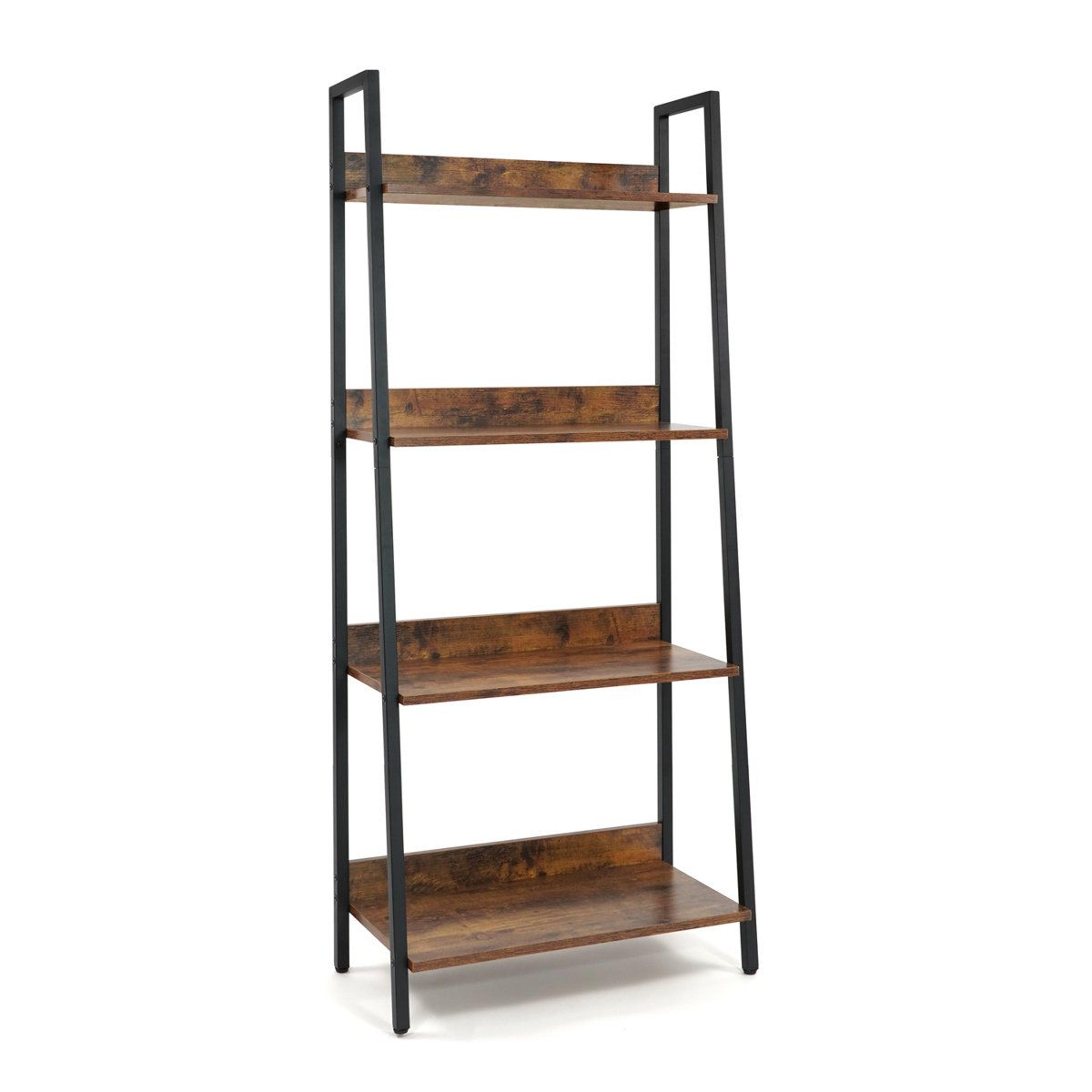 4 Tier Ladder Bookshelf Rustic Oak Industrial Storage Rack 7