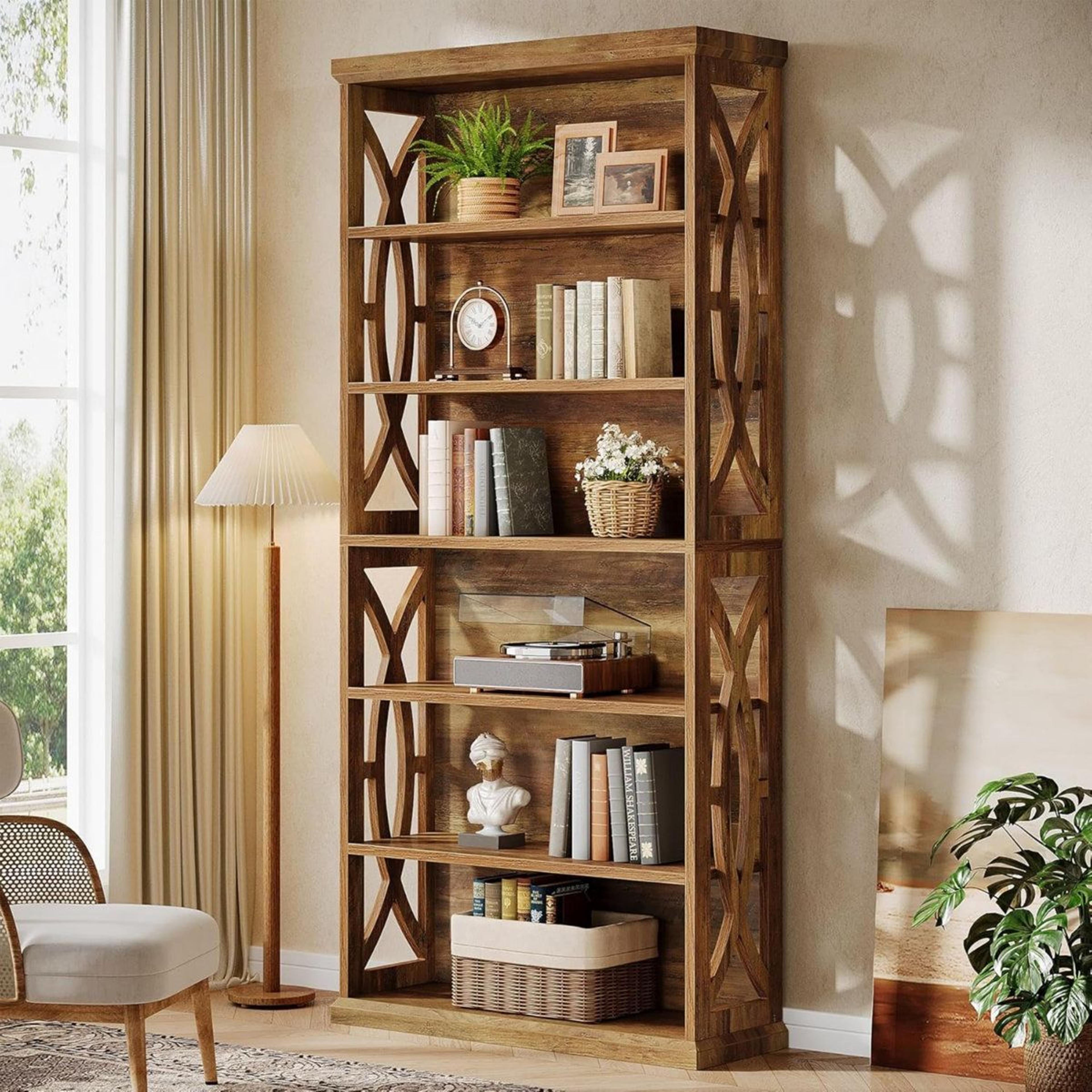 71 Inch Industrial 6 Tier Bookshelf With Decorative Panels Rustic Brown 7