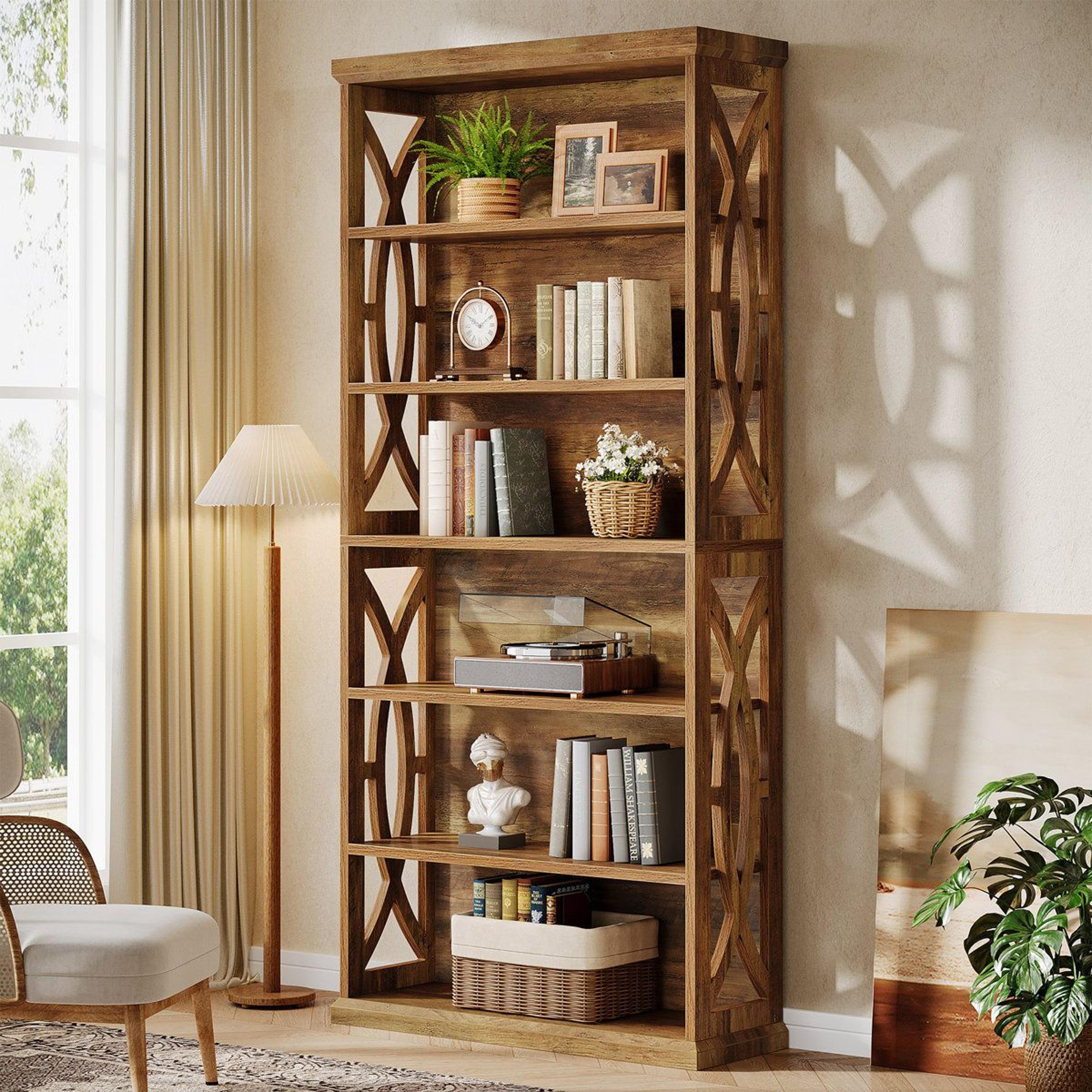 71 Inch Industrial 6 Tier Bookshelf With Decorative Panels Rustic Brown 1