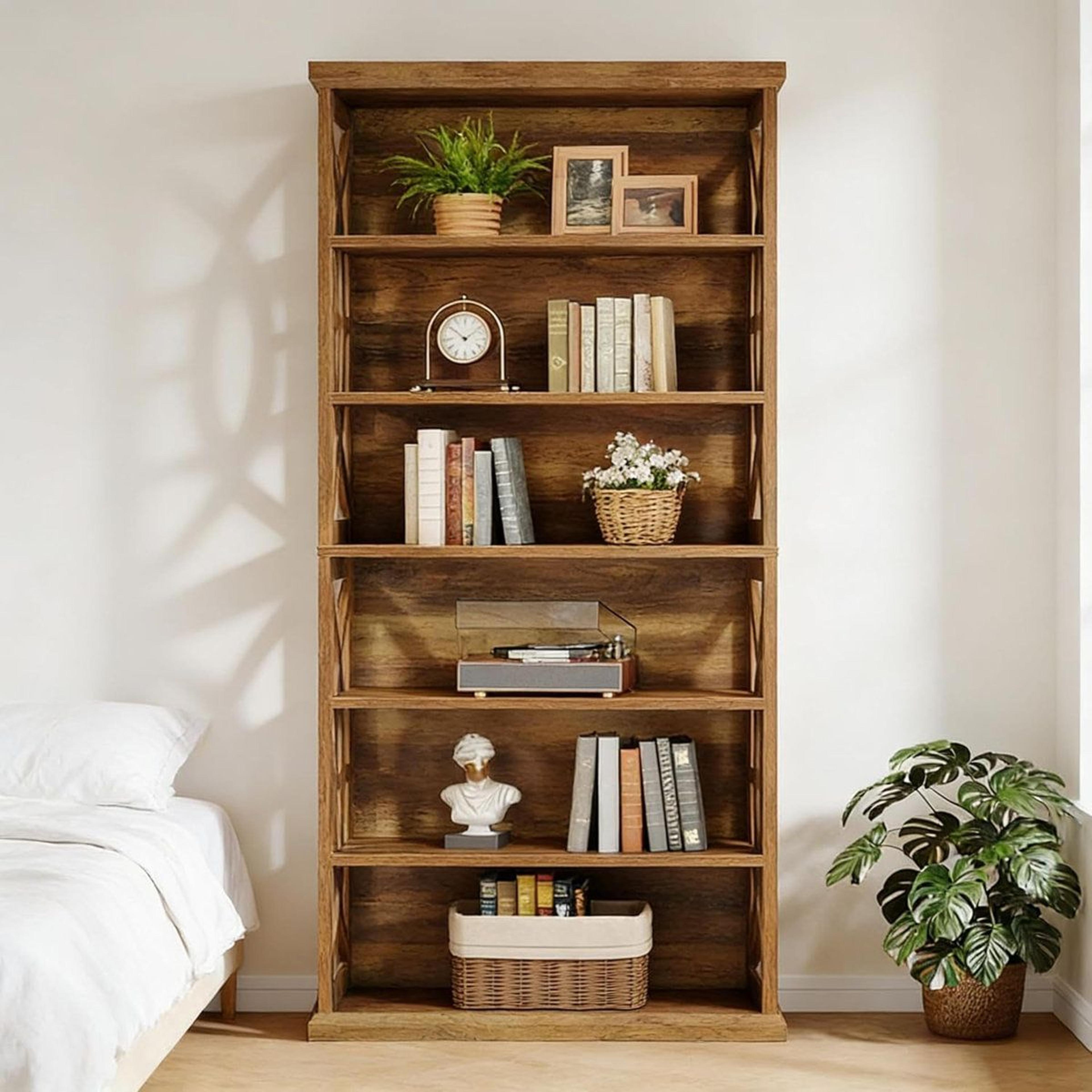 71 inch industrial 6 tier bookshelf with decorative panels rustic brown