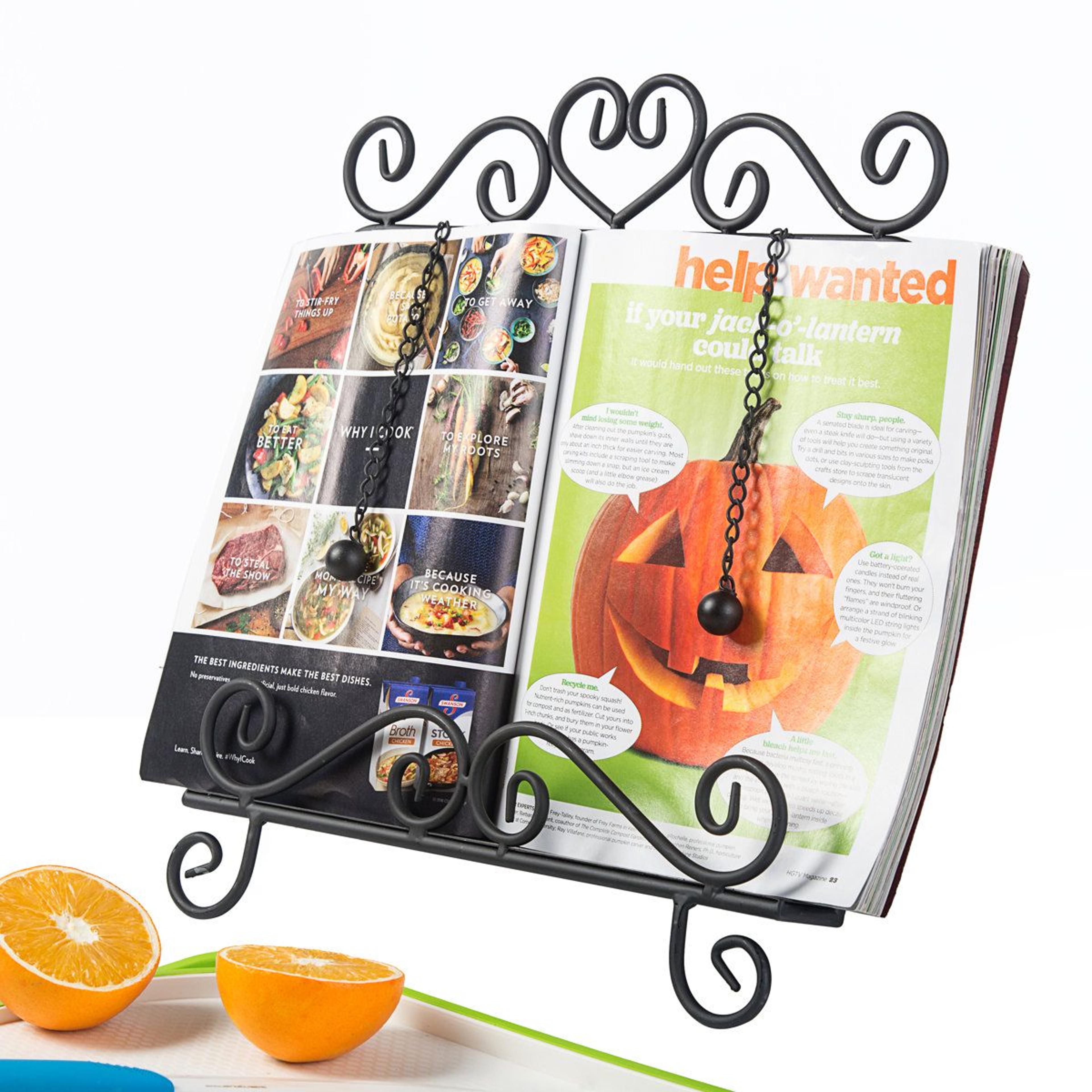 vintage black metal cookbook stand with weighted chains
