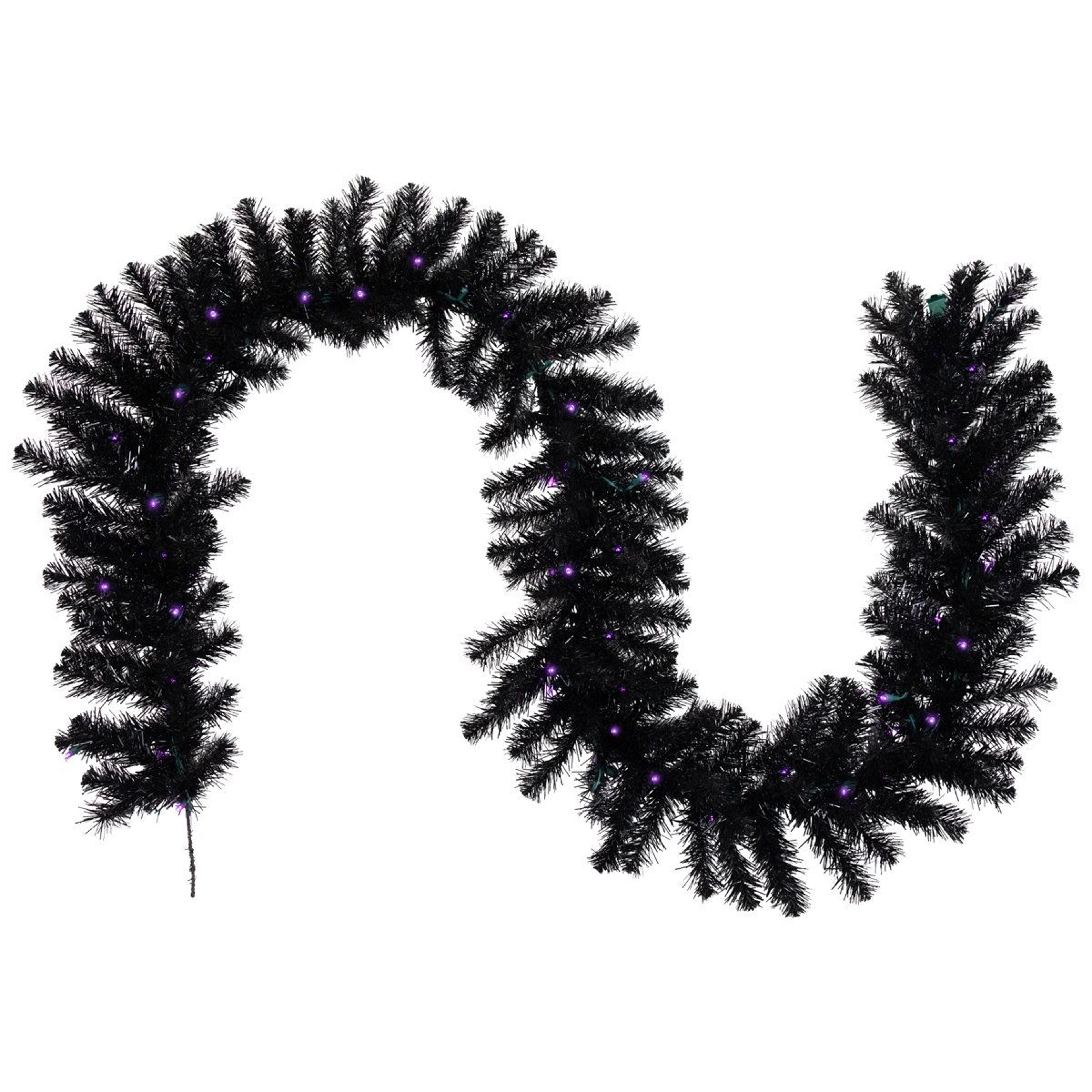 black crystal pine pre lit halloween garland with purple led lights 9 ft