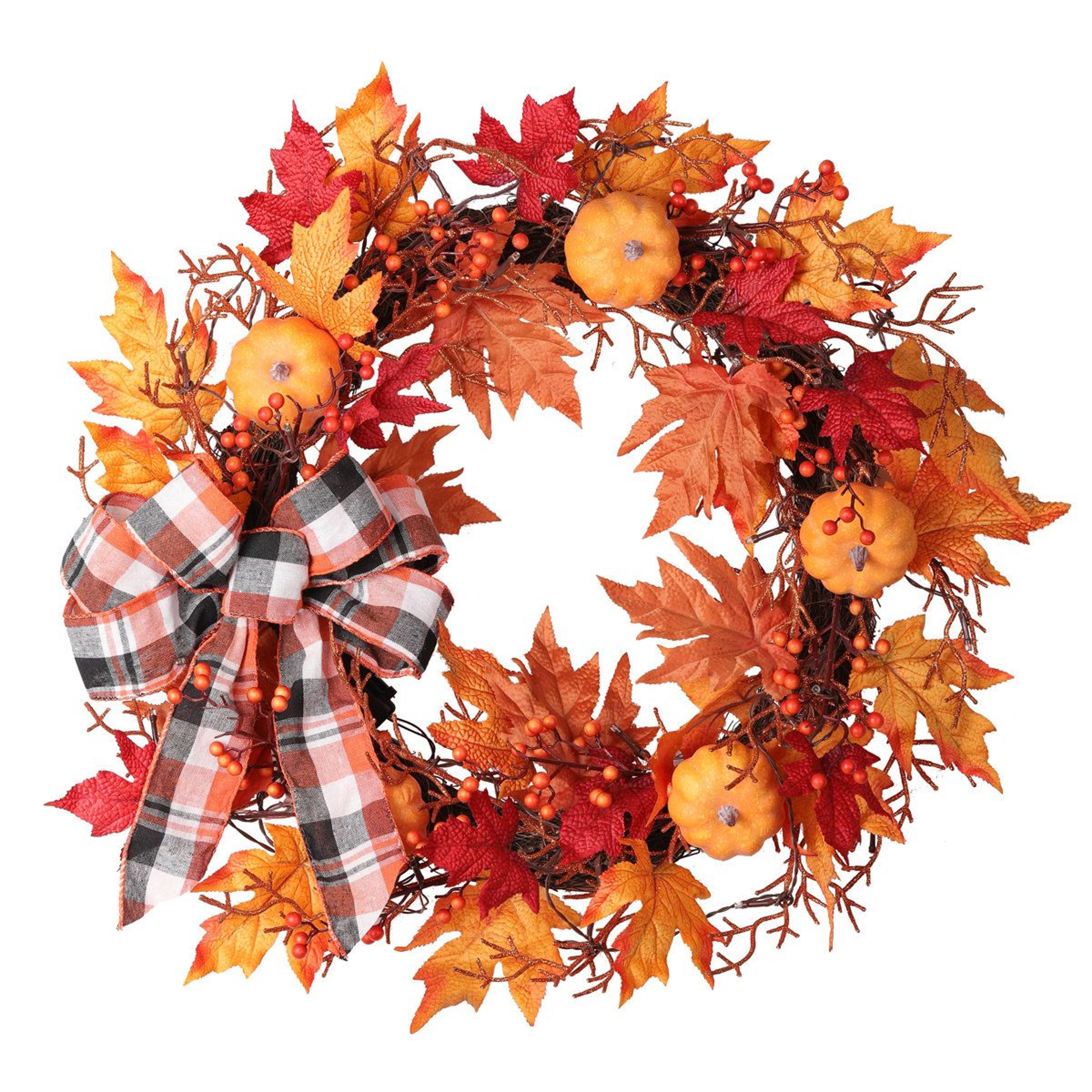 lighted fall grapevine wreath with plaid ribbon for halloween and autumn decor