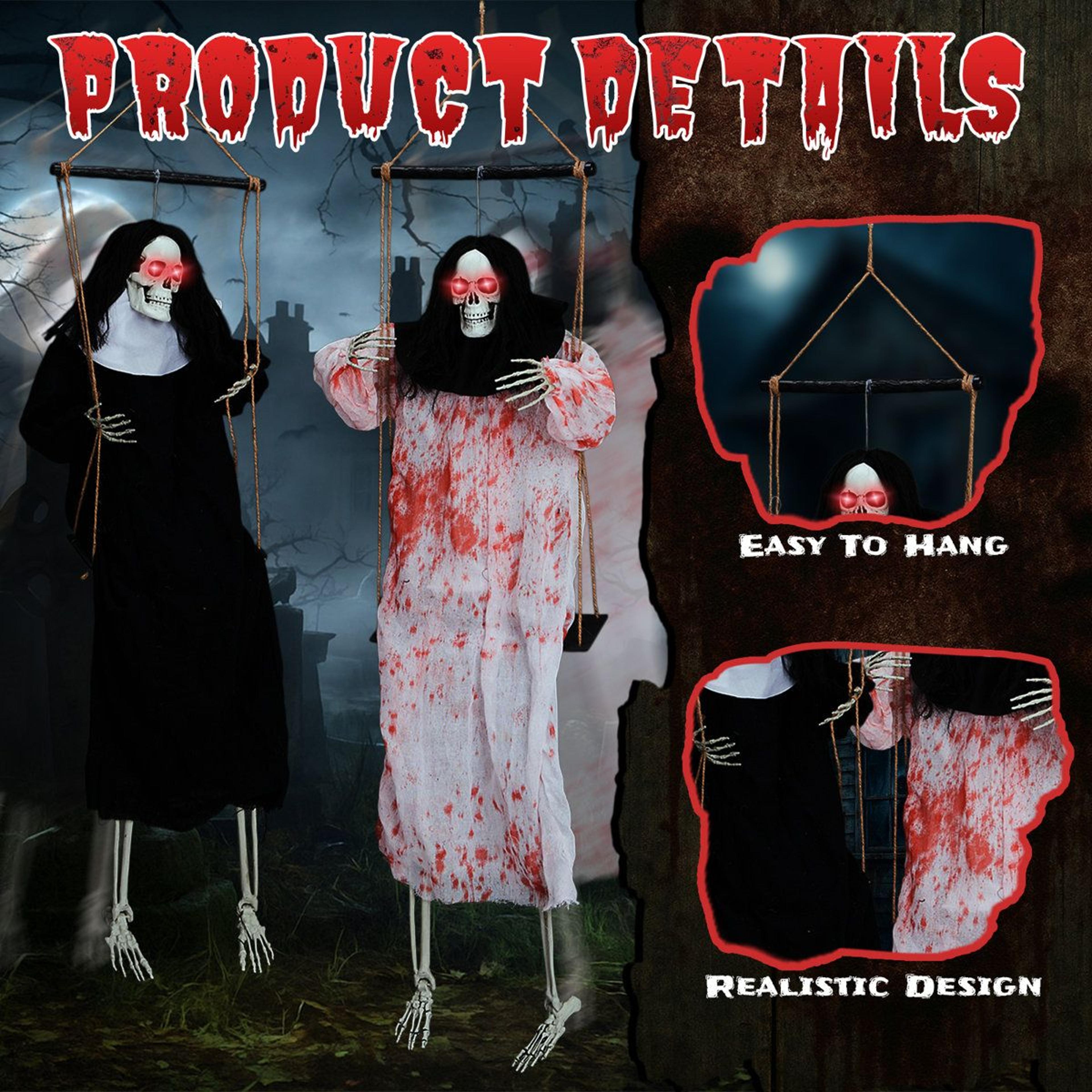2 Piece 3 Ft Halloween Grim Reaper Hanging Decorations With Red LED Eyes And Screams 7