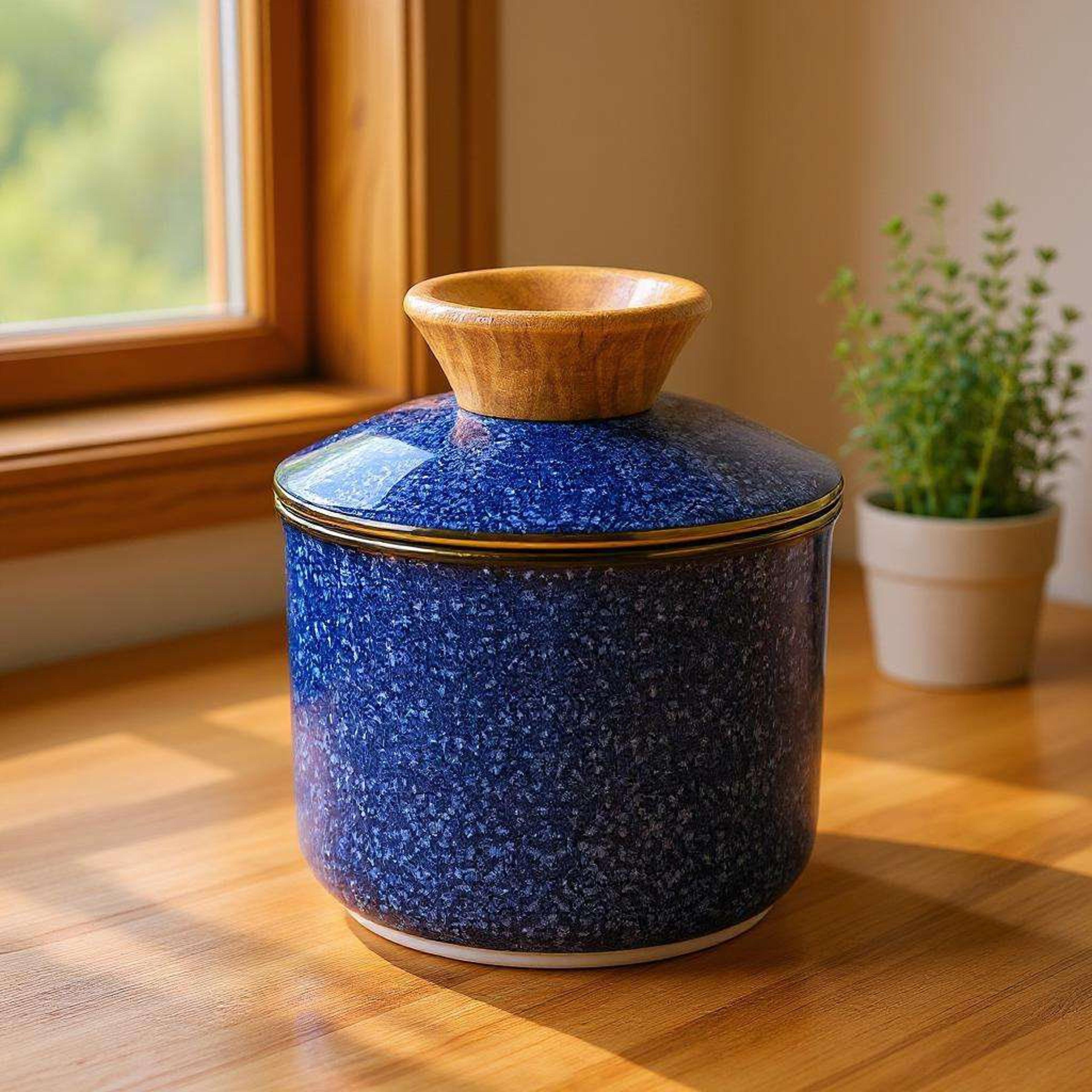 french style butter crock with water seal and built in spreader