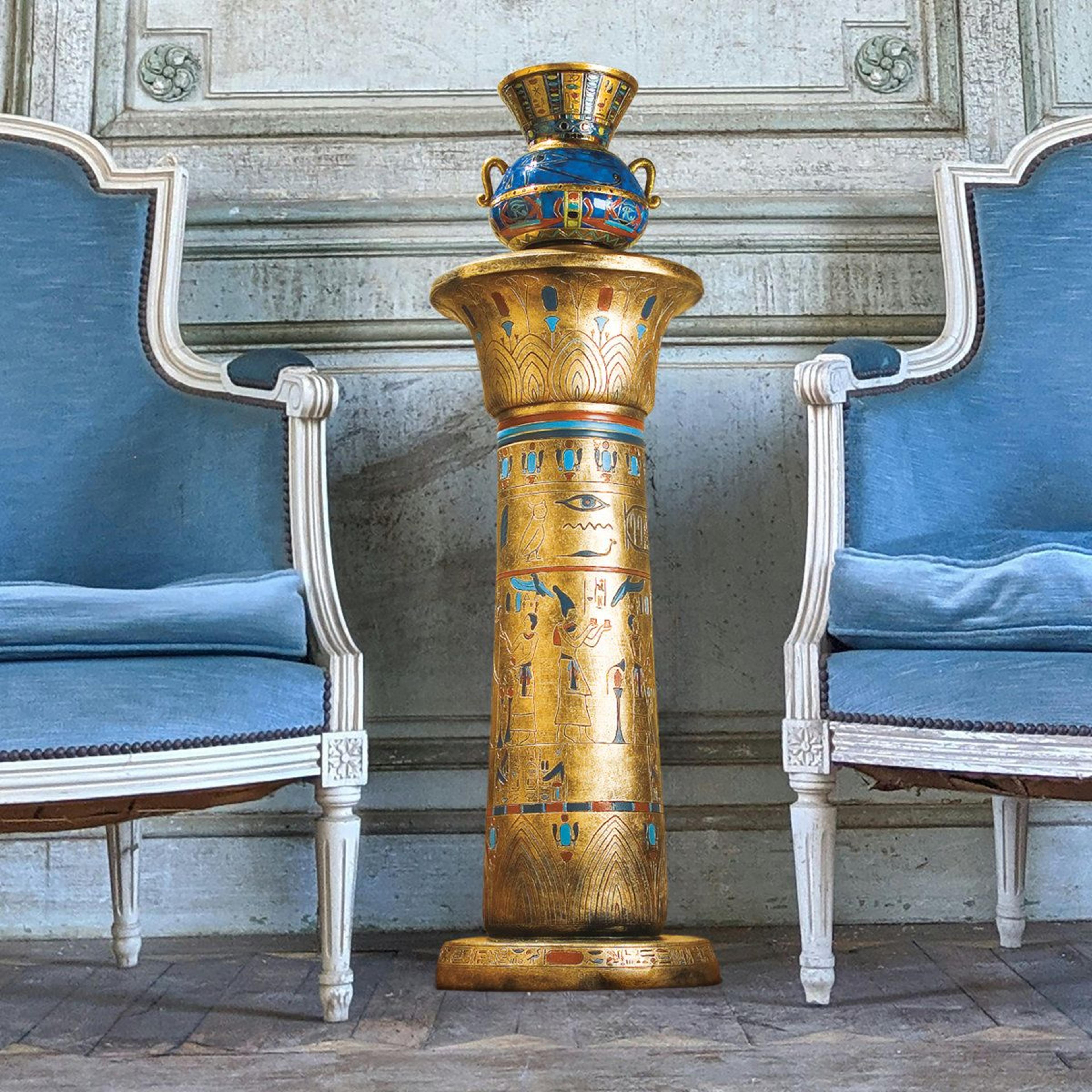 Egyptian Sculptural Column Decorative Pedestal With Lotus And Hieroglyphic Details 1