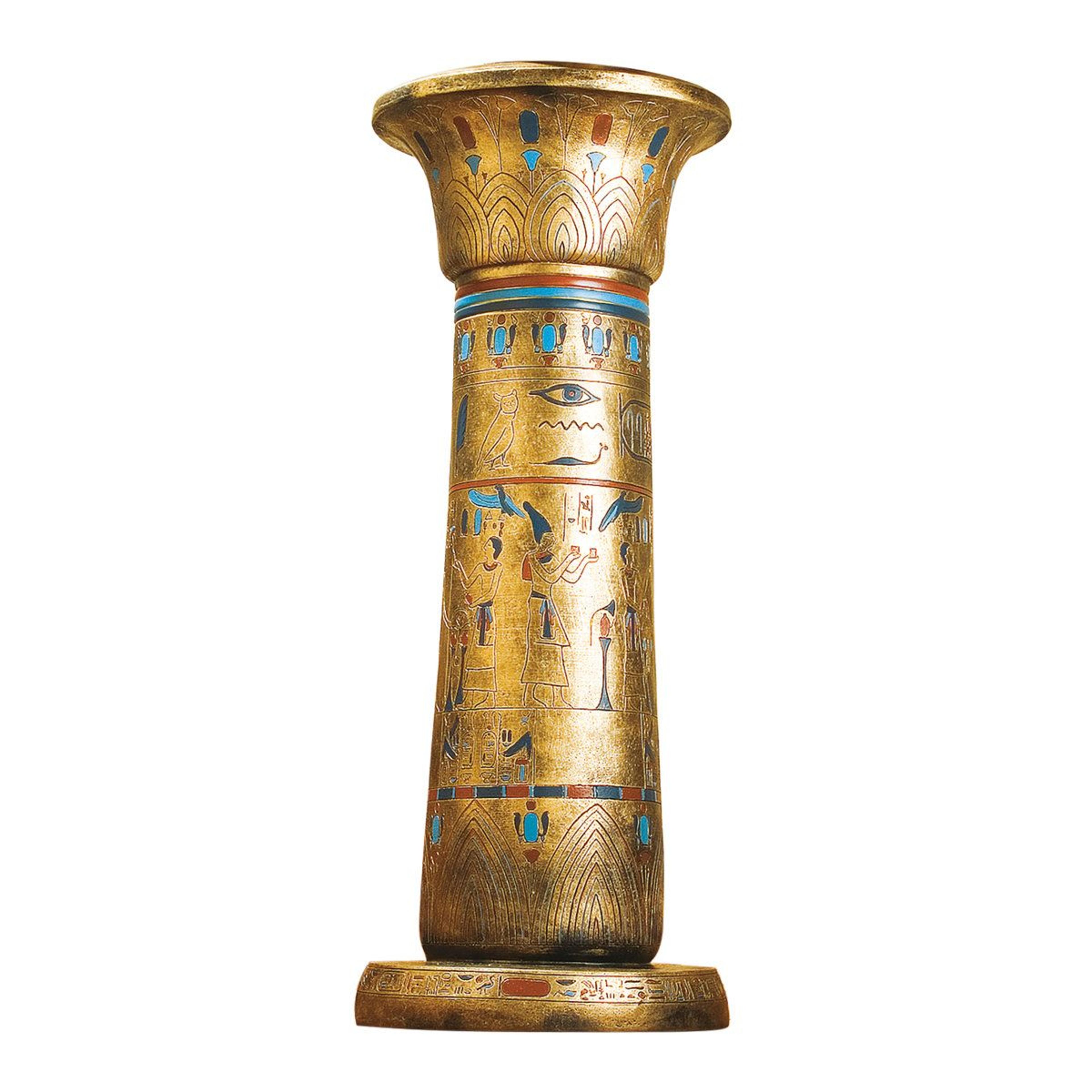 egyptian sculptural column decorative pedestal with lotus and hieroglyphic details