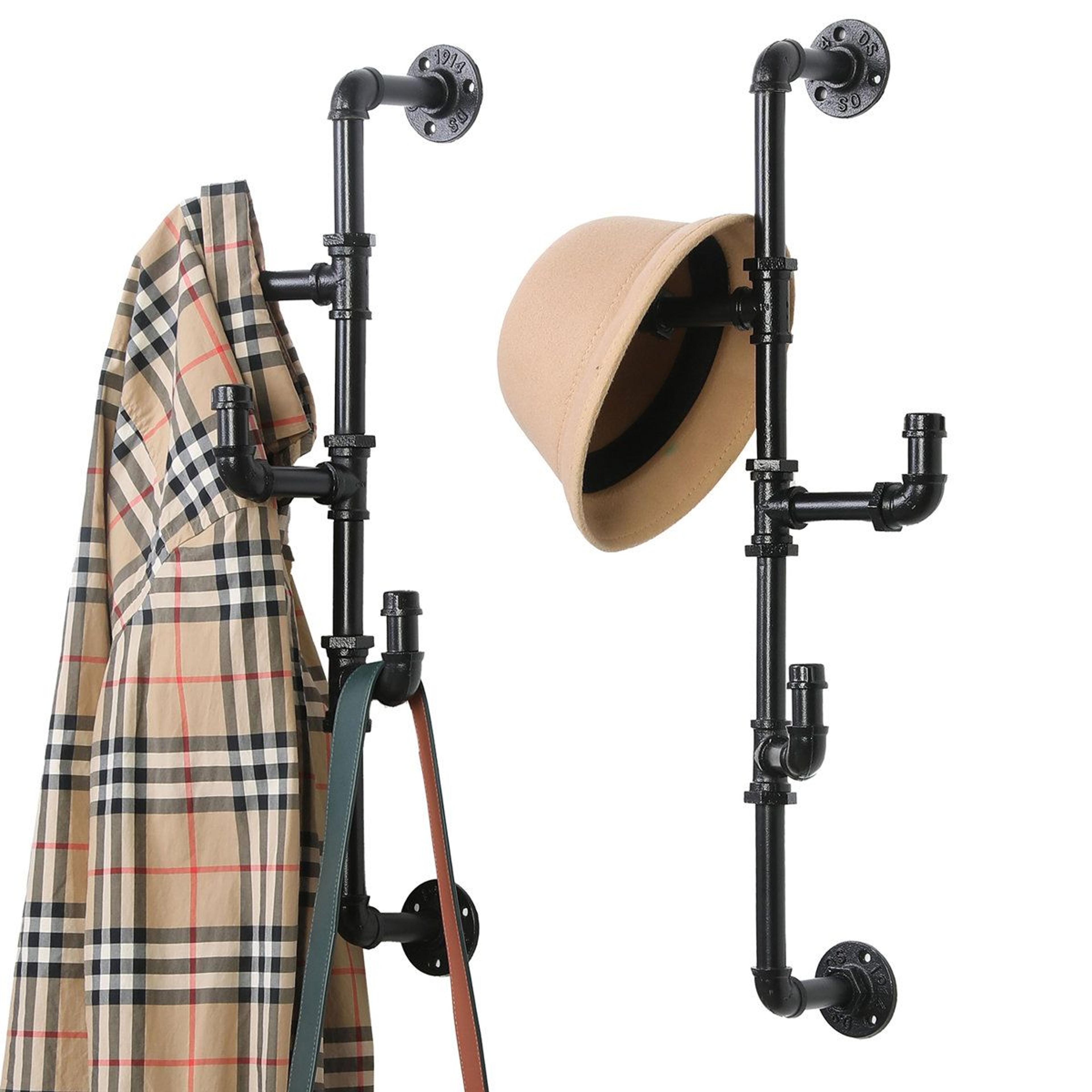 industrial iron wall mounted coat rack set of 2 with 4 hooks black finish